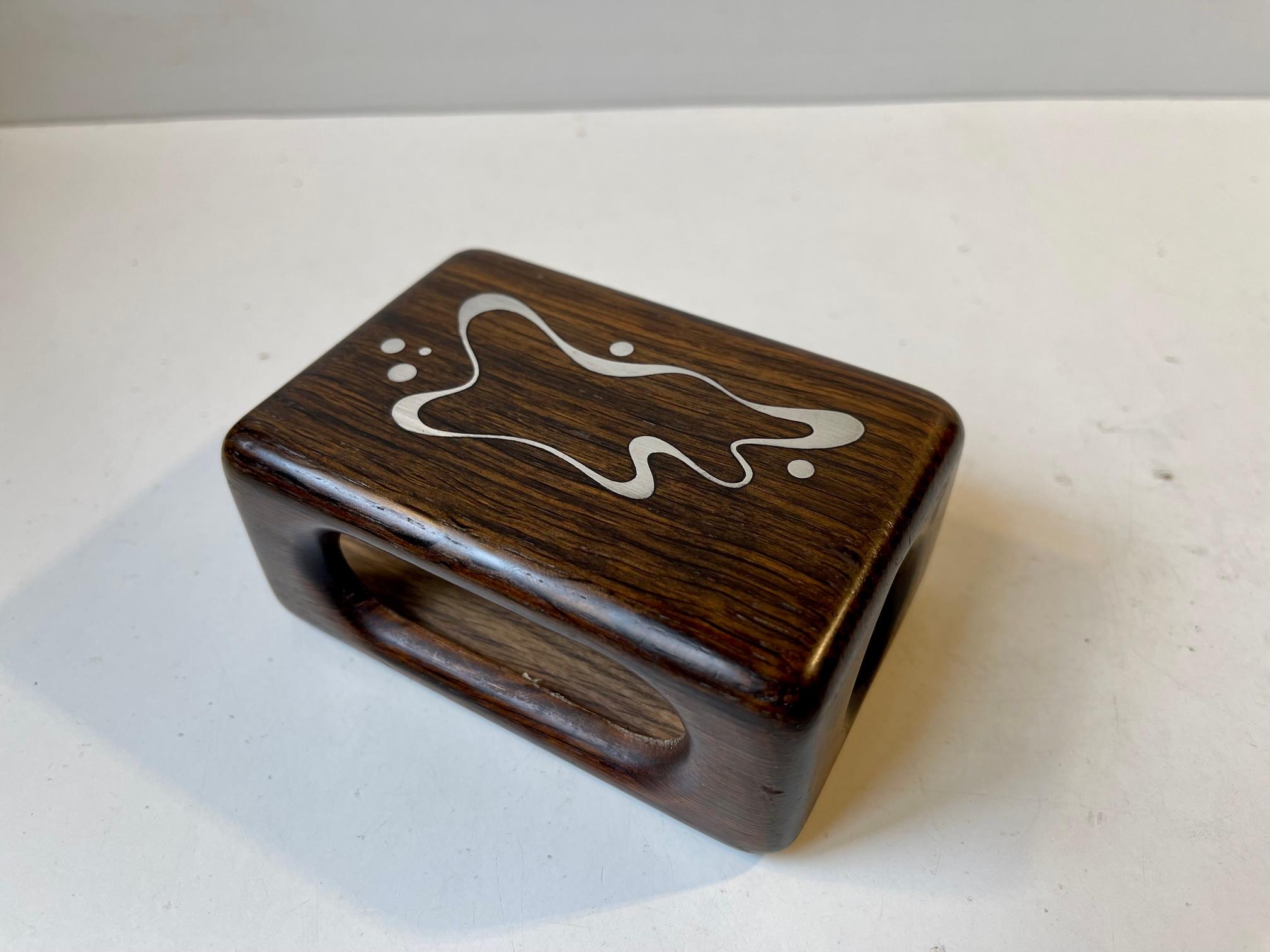 Mid-20th Century Danish Rosewood Matchbox Holder with Abstract Silver Inlays by Axel Salomonsen For Sale
