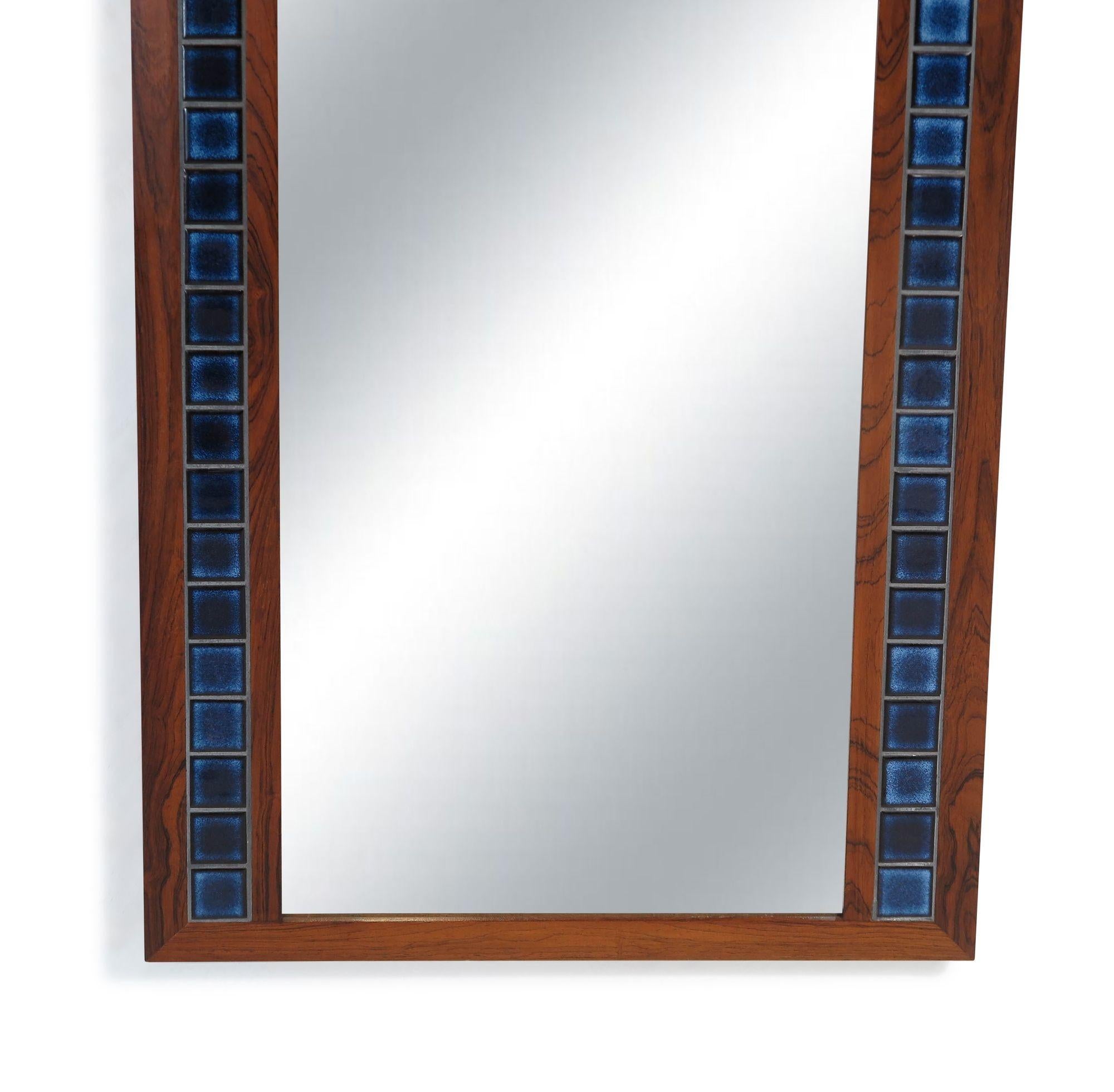 Oiled Danish Rosewood Mirror with Blue Tiles For Sale