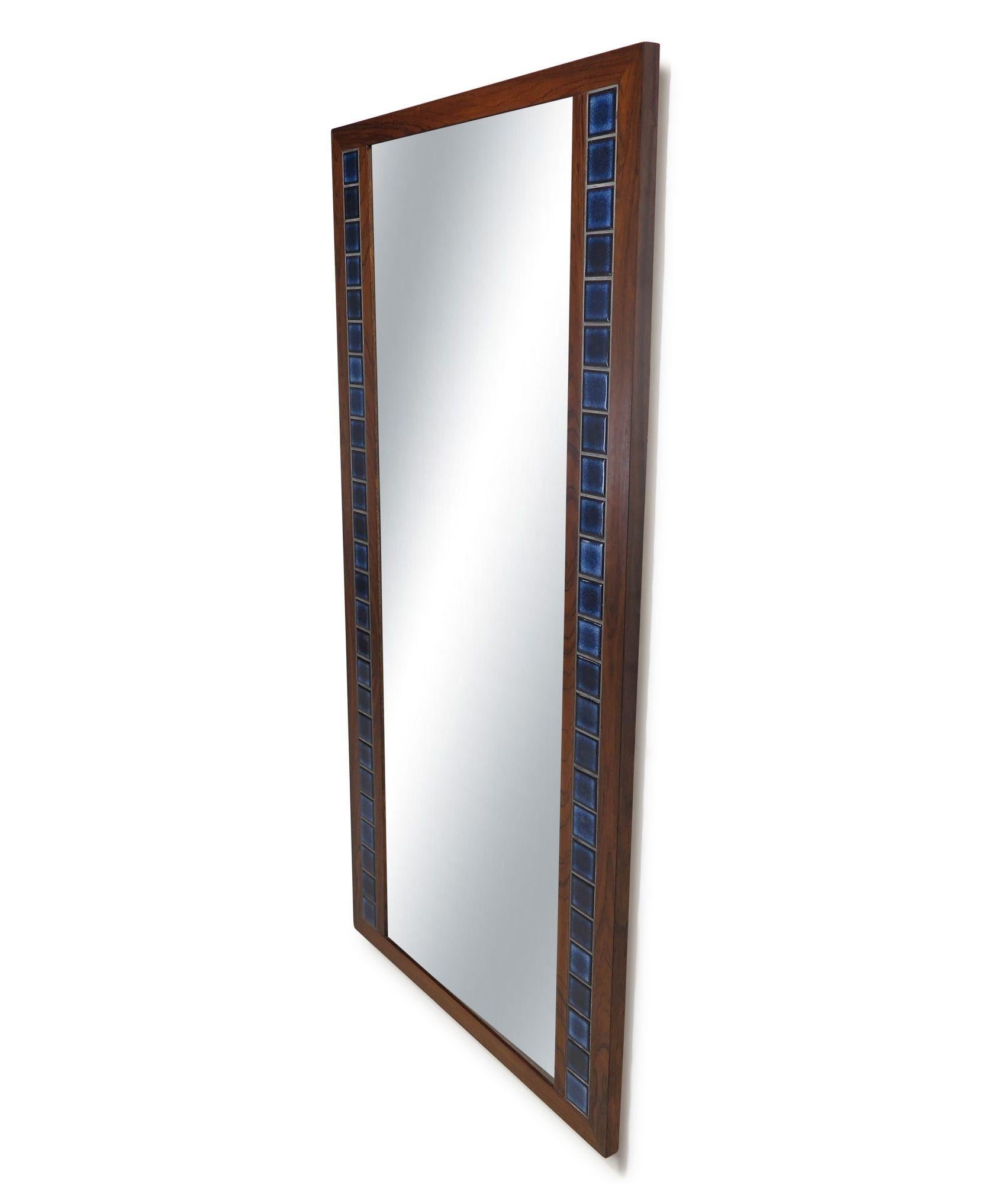 Danish Rosewood Mirror with Blue Tiles In Good Condition For Sale In Oakland, CA