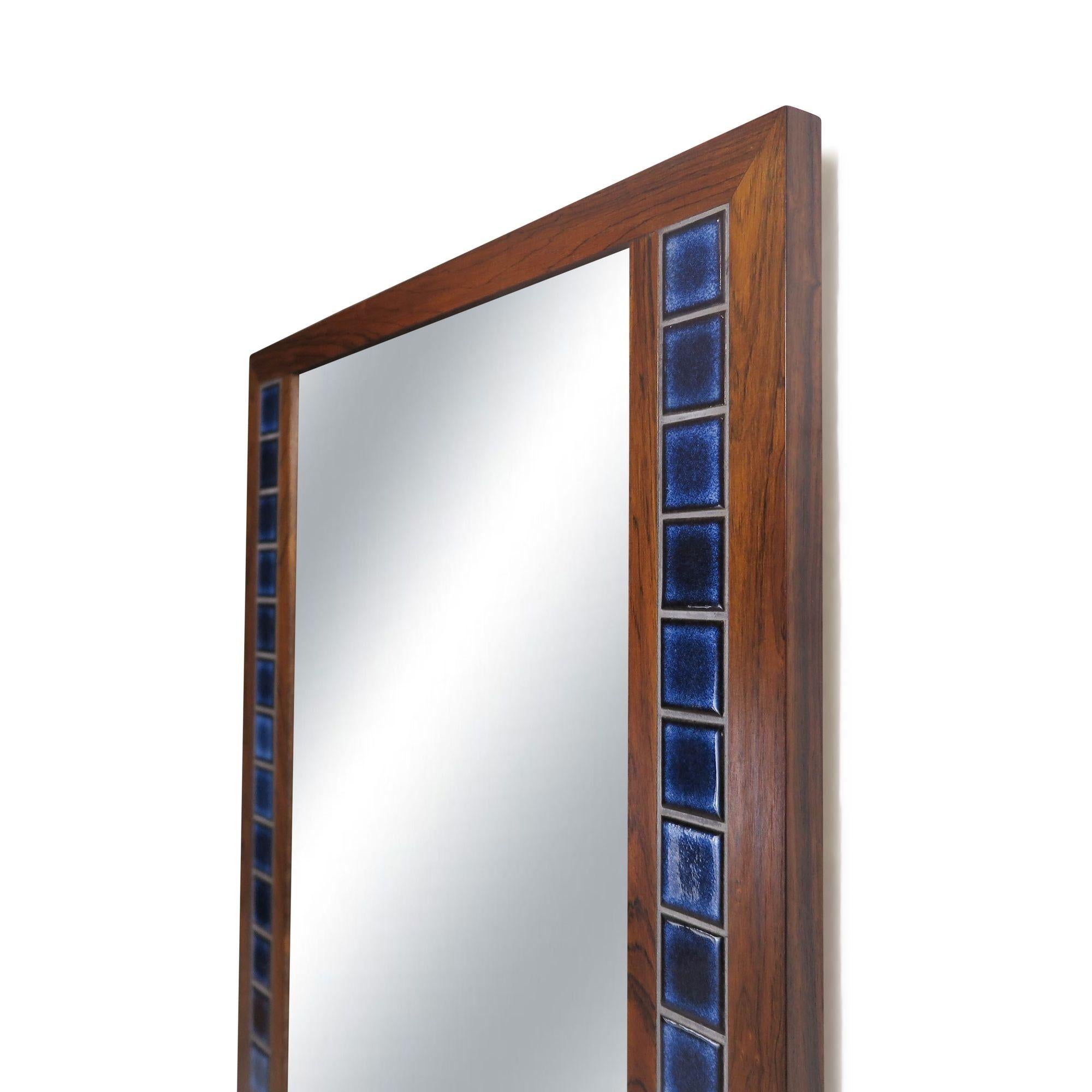 20th Century Danish Rosewood Mirror with Blue Tiles For Sale
