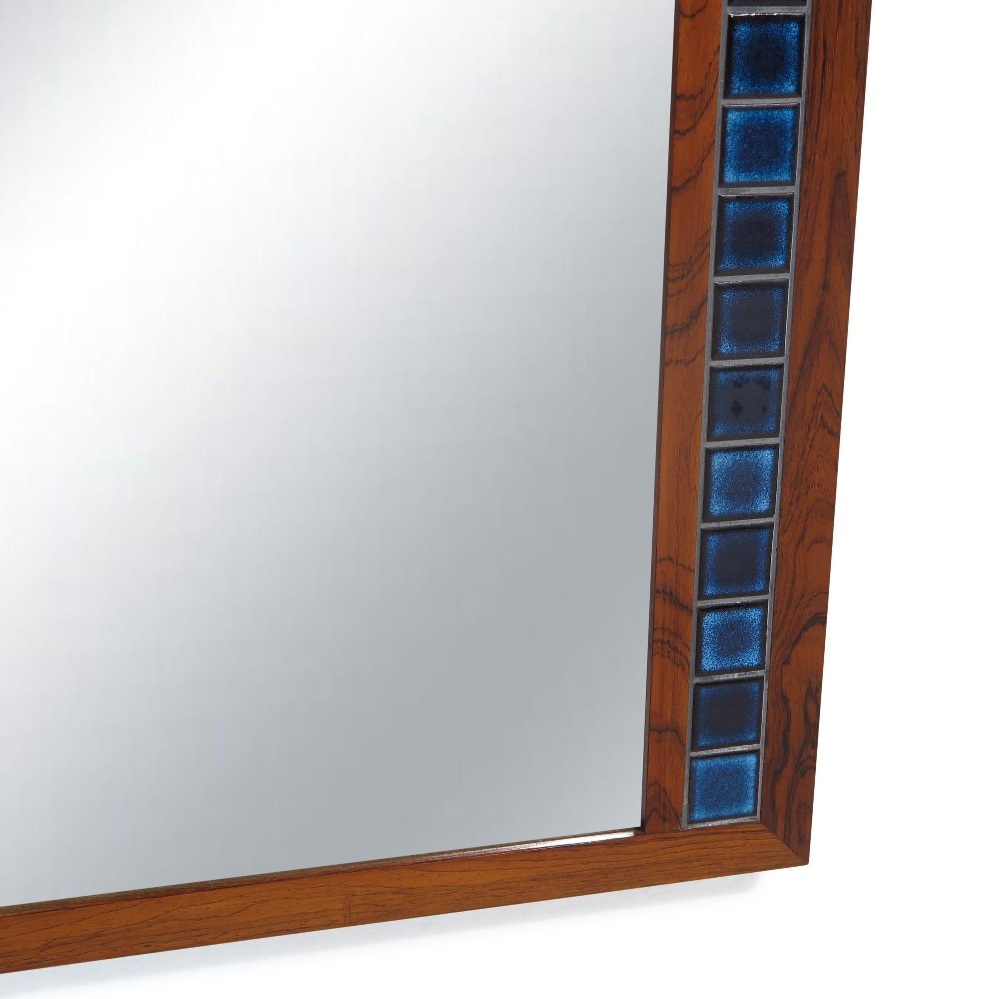 Ceramic Danish Rosewood Mirror with Blue Tiles For Sale