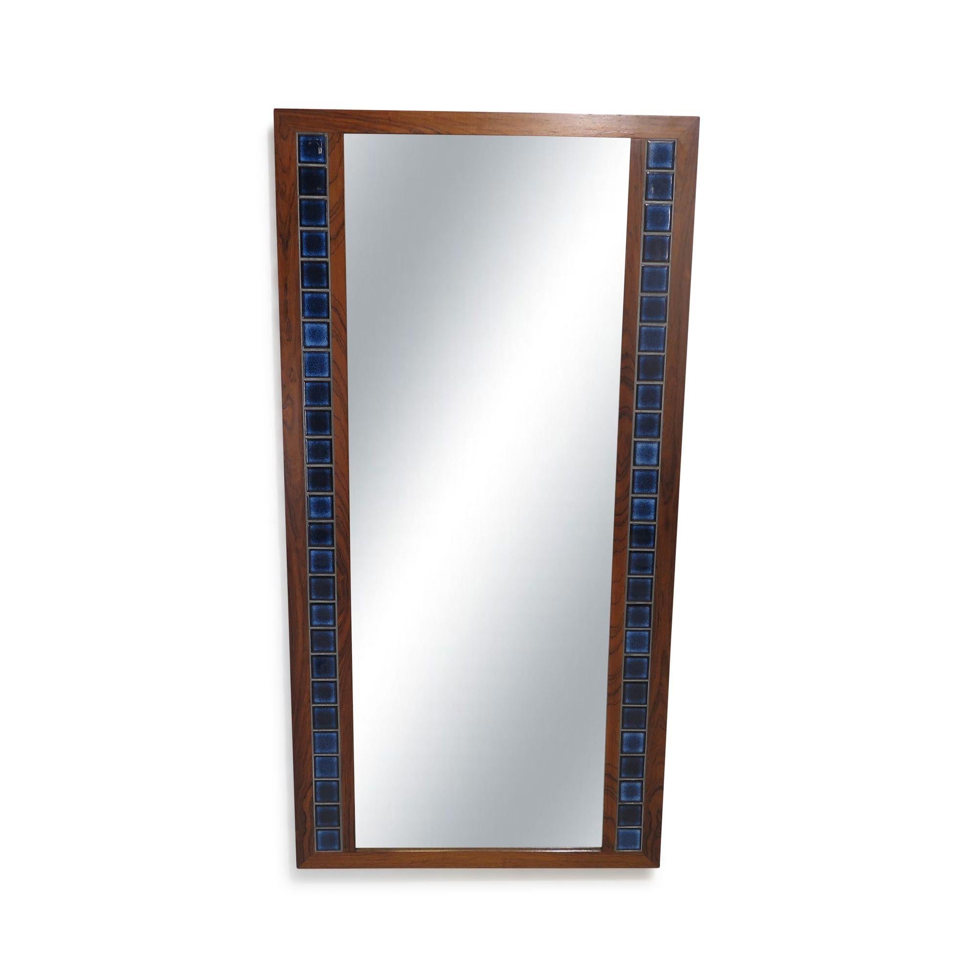 Danish Rosewood Mirror with Blue Tiles For Sale 1
