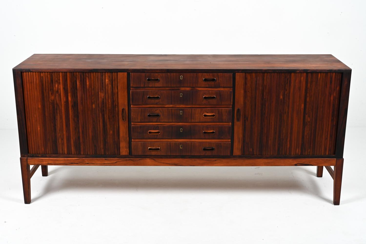 Mid-Century Modern Danish Rosewood Sideboard with Tambour Doors, in the Manner of Ole Wanscher For Sale