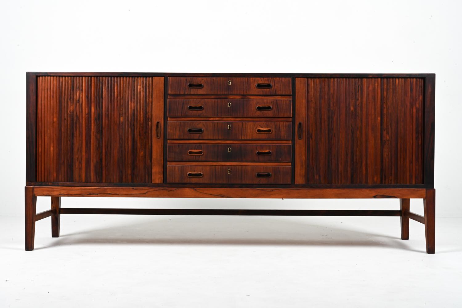 Danish Rosewood Sideboard with Tambour Doors, in the Manner of Ole Wanscher In Good Condition For Sale In Norwalk, CT