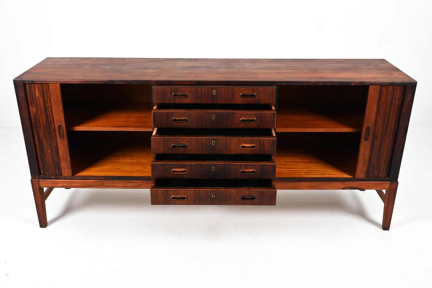 Danish Rosewood Sideboard with Tambour Doors, in the Manner of Ole Wanscher For Sale 1