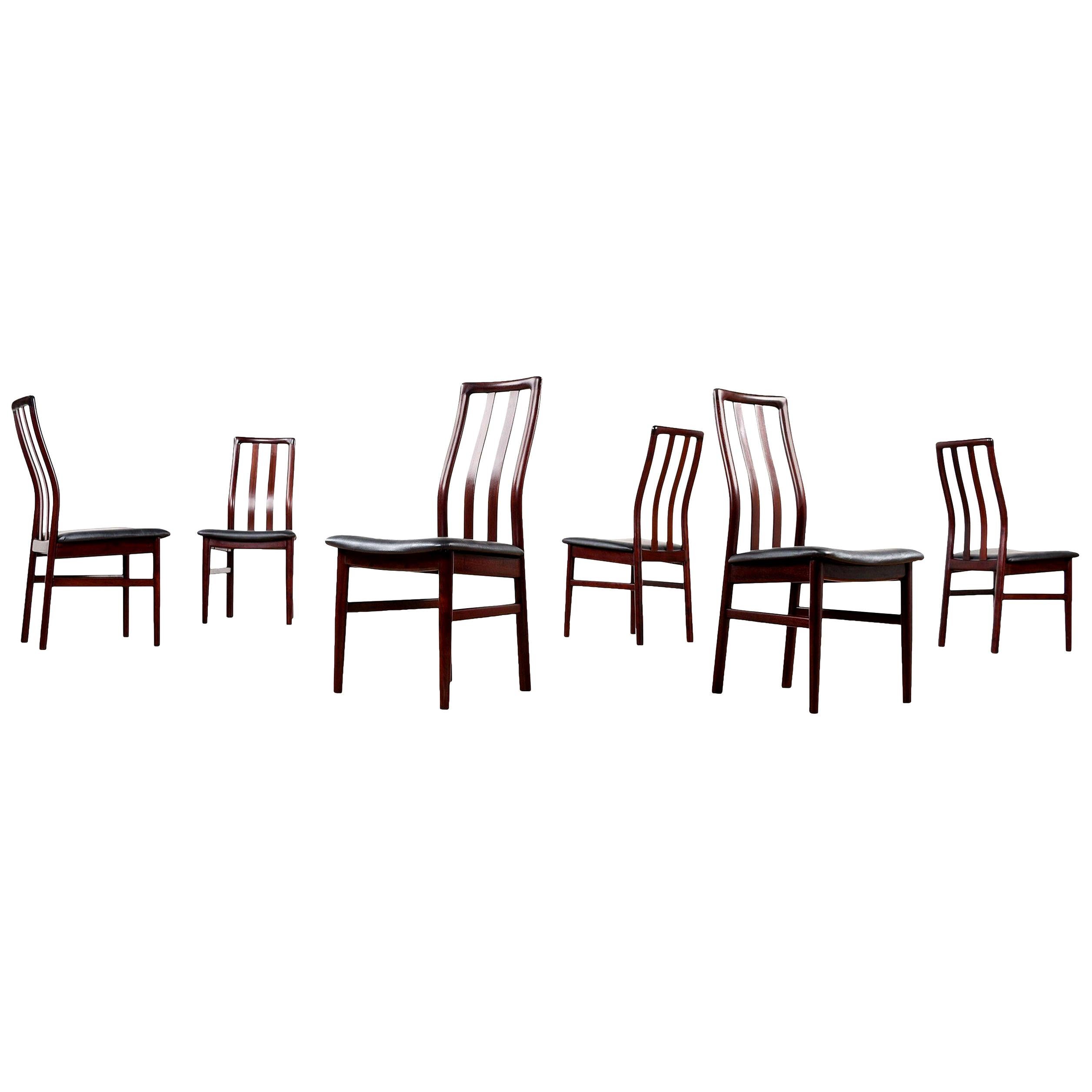 Danish Rosewood Slat High Back Dining Chairs with New Black Vinyl Seats