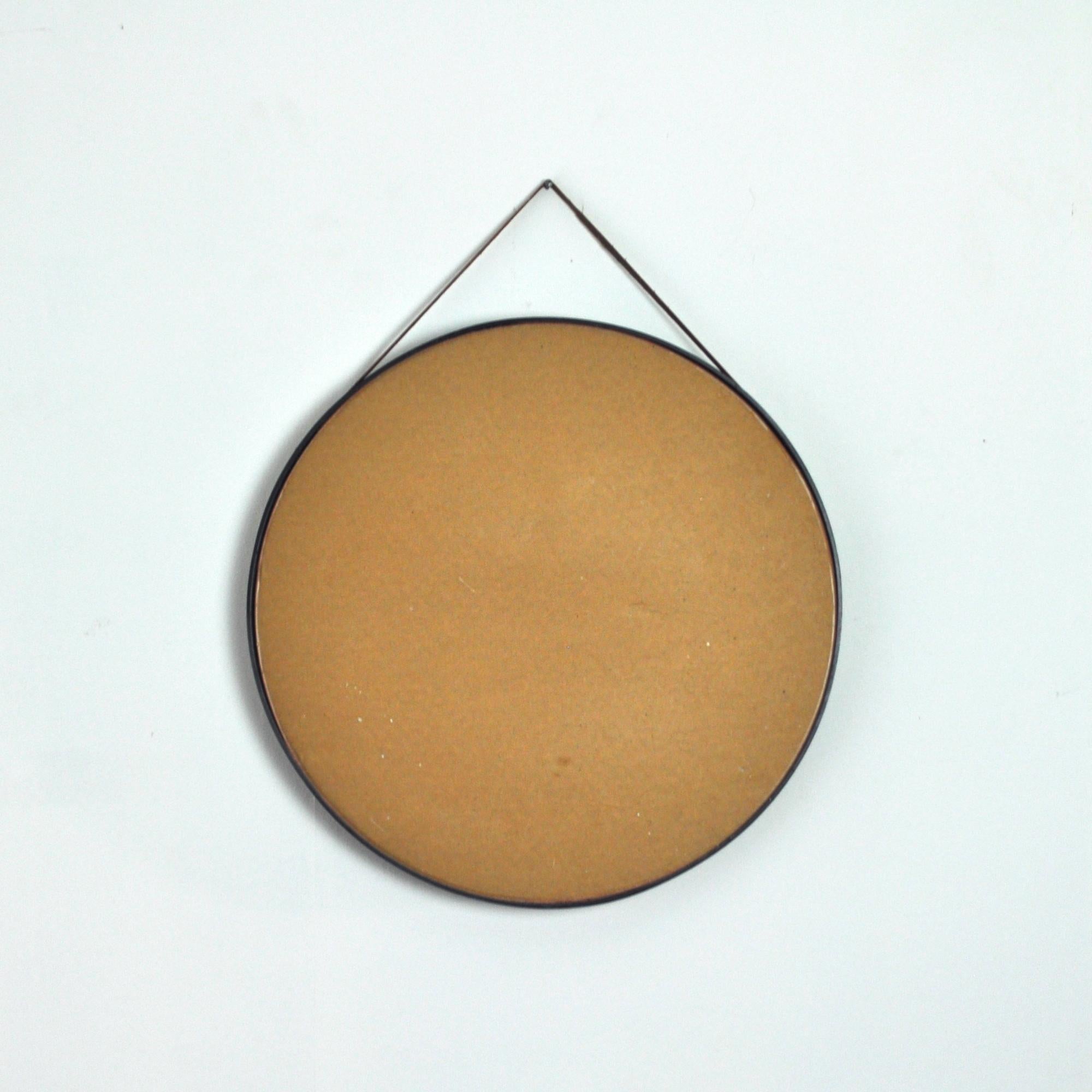 20th Century Danish Round Mirror with Leather Strap, 1980s