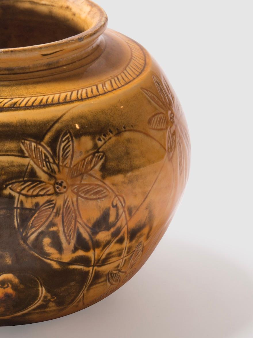 Scandinavian Modern Danish round vase with sgraffito flower deco and yellow/black uranium glaze For Sale
