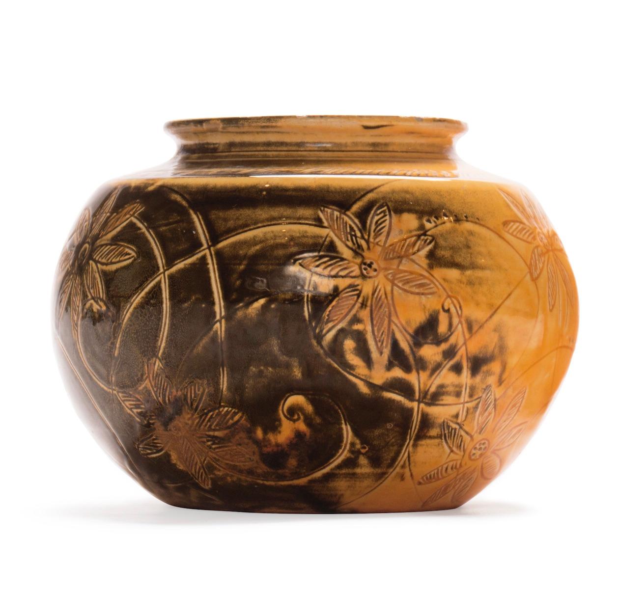 Mid-20th Century Danish round vase with sgraffito flower deco and yellow/black uranium glaze For Sale