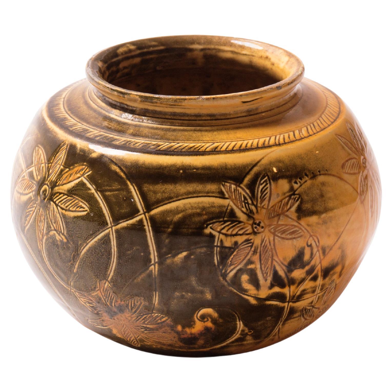 Danish round vase with sgraffito flower deco and yellow/black uranium glaze For Sale