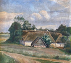 Danish Rural Landscape Oil Painting with Thatched Farmhouse from 1925
