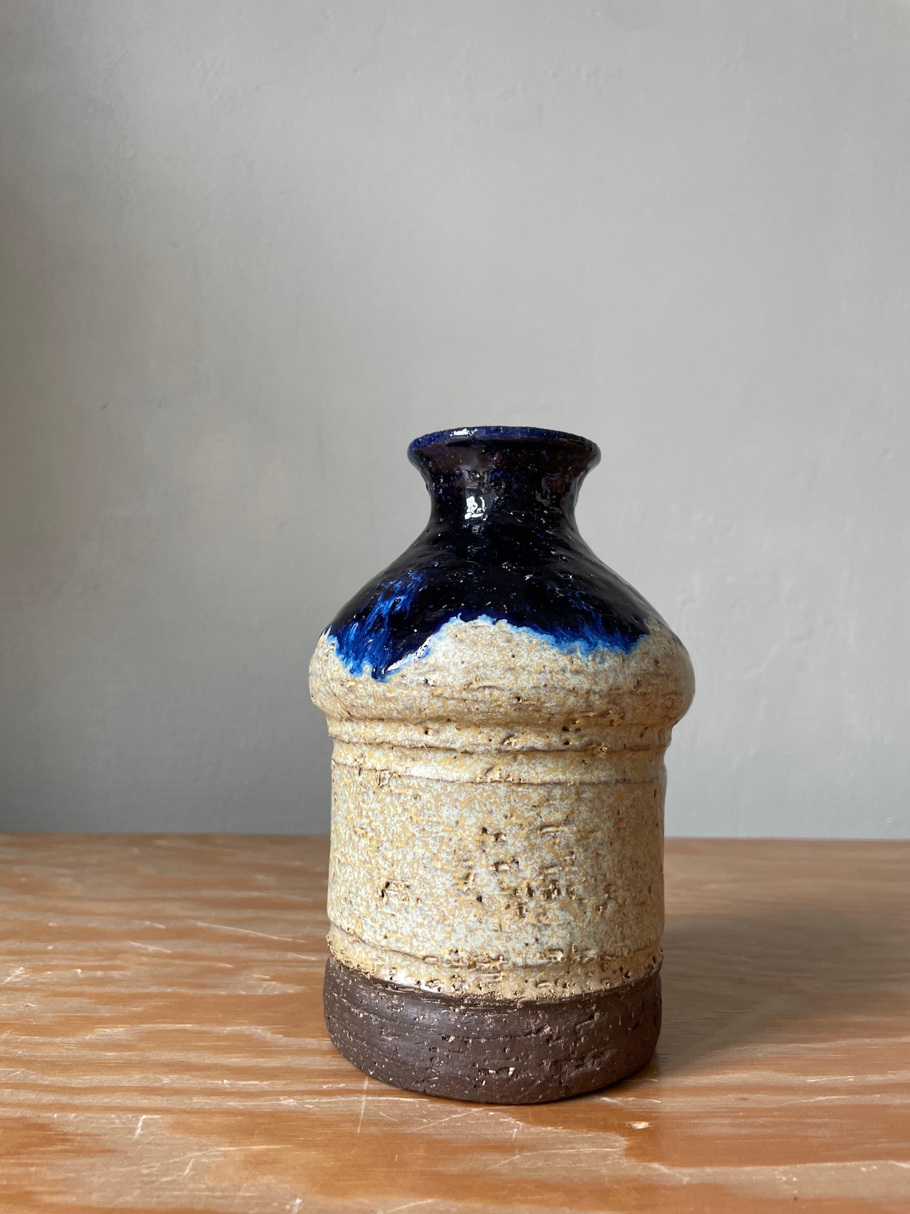 Unglazed Danish Rustic Stoneware Blue Glaze Vase, 1960s For Sale
