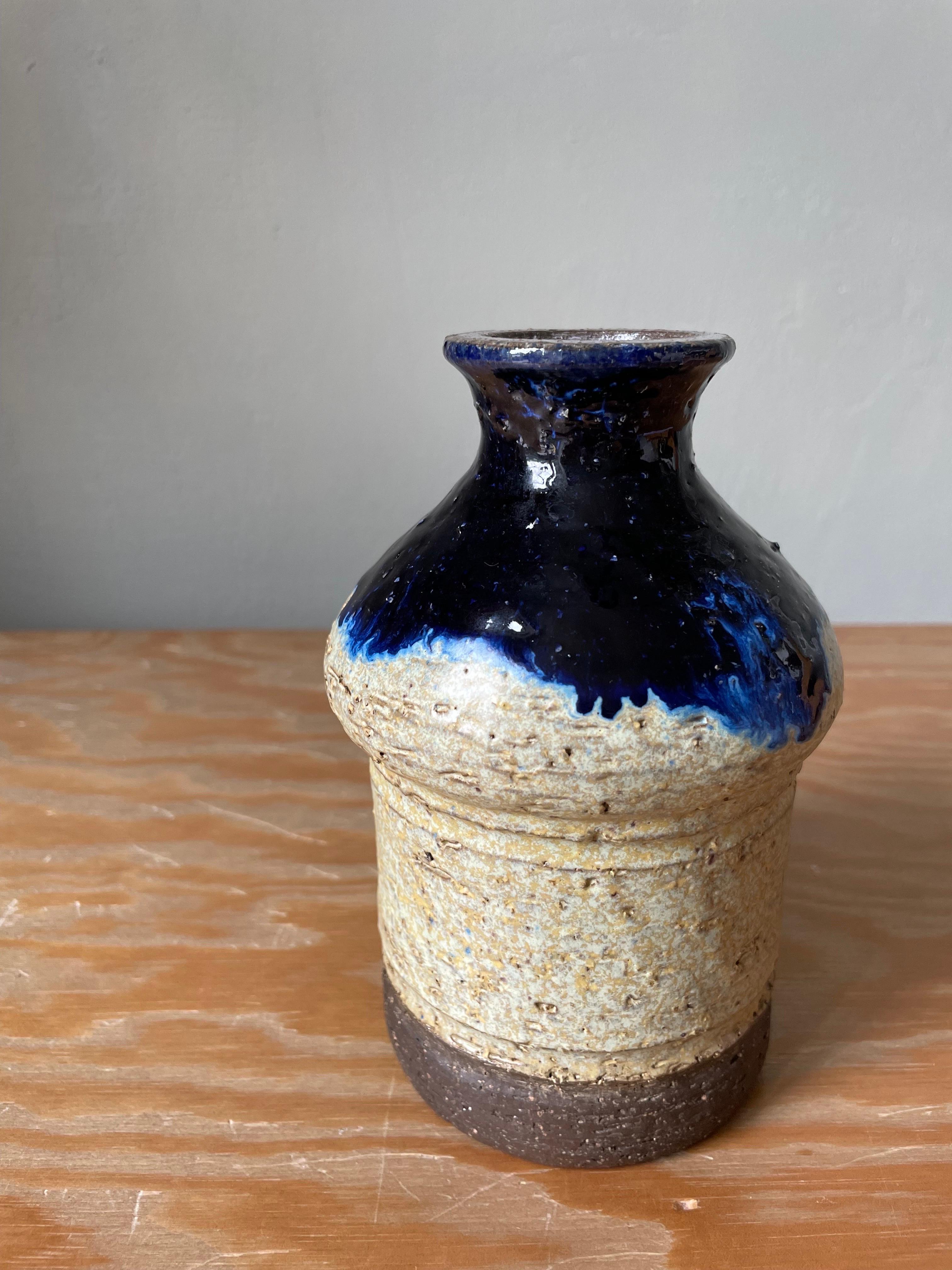 20th Century Danish Rustic Stoneware Blue Glaze Vase, 1960s For Sale