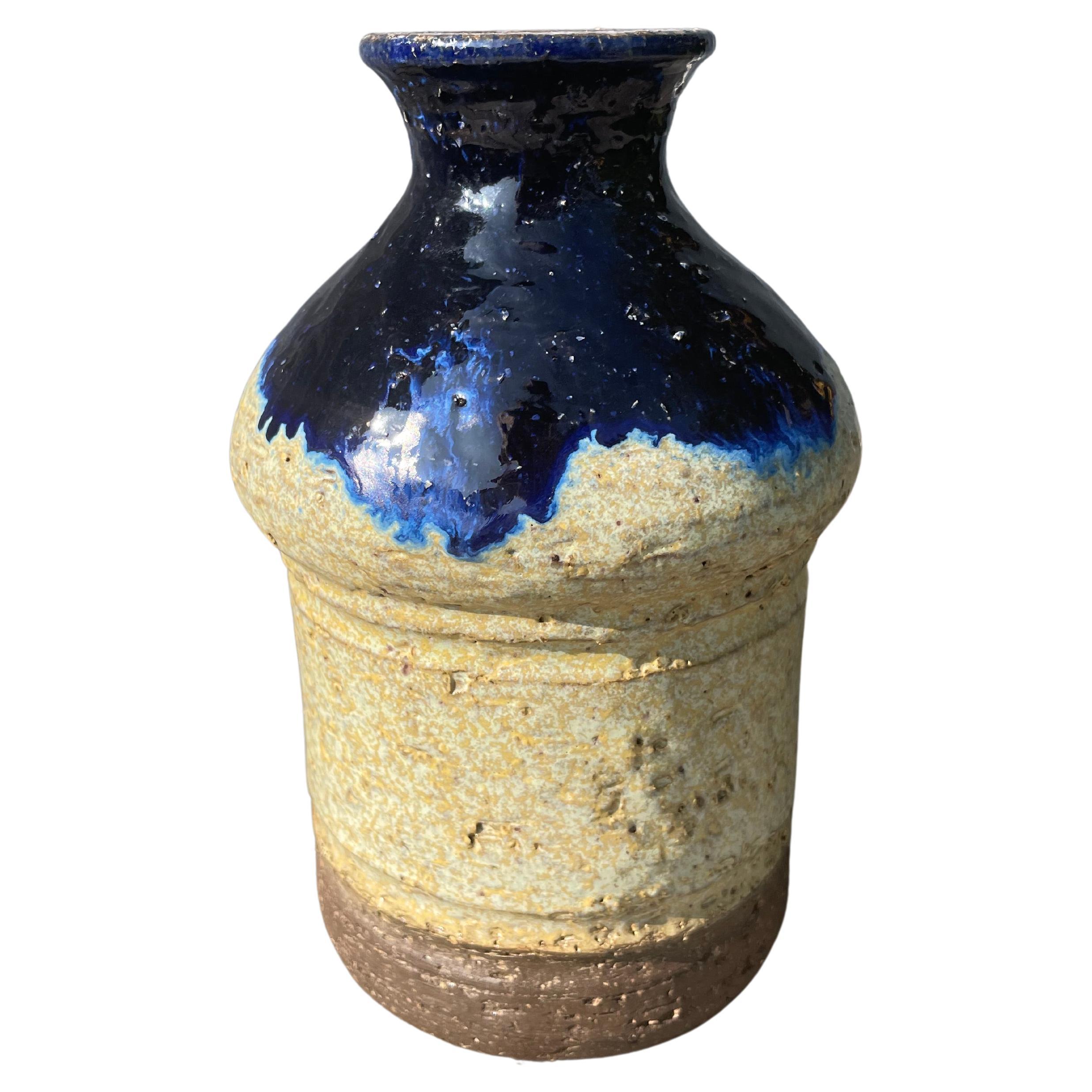 Danish Rustic Stoneware Blue Glaze Vase, 1960s For Sale