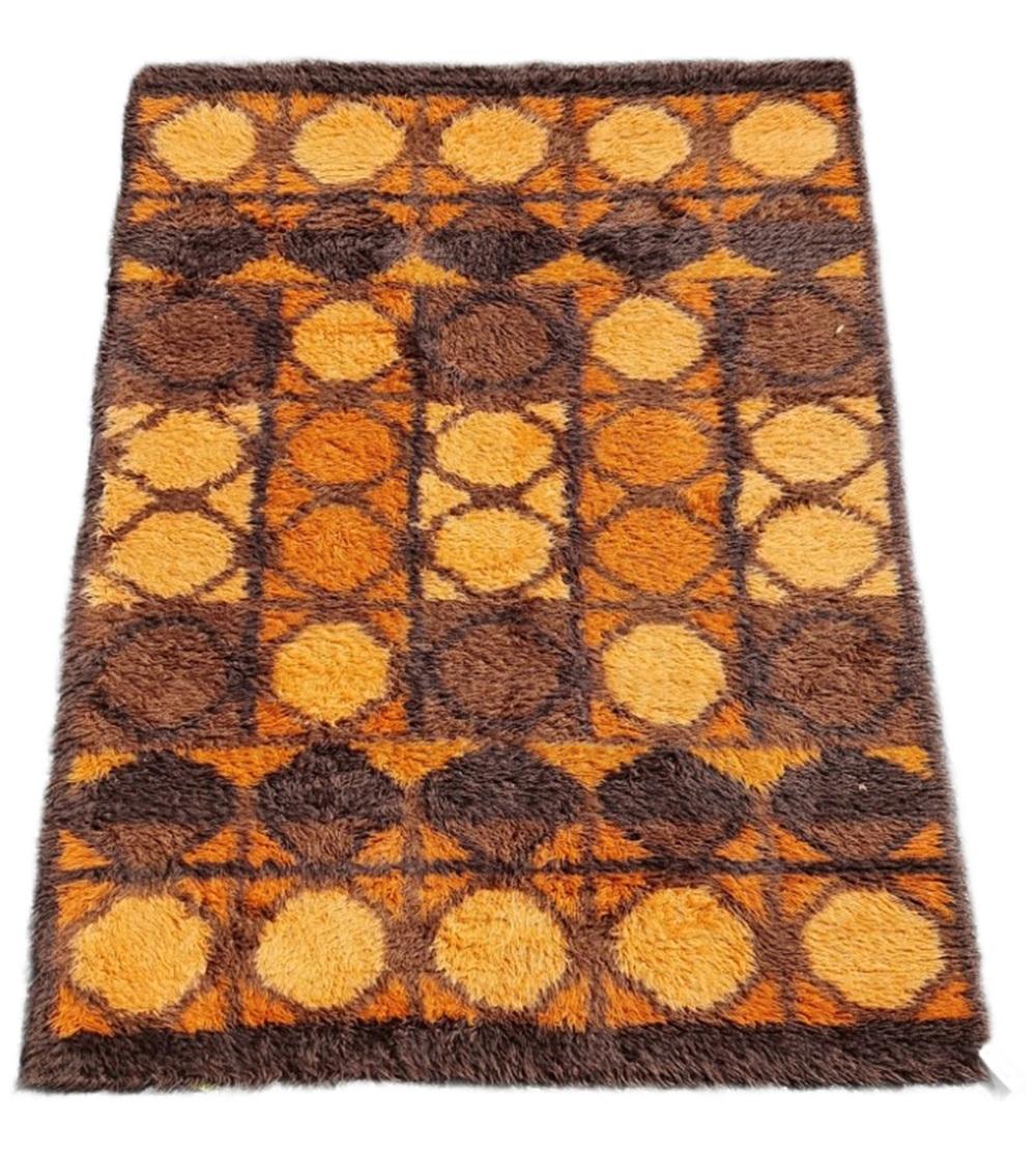 Mid-Century moderno Tappeto danese Rya Arancione-Mosca-Marrone Anni '70 / Modernista pop art scandinava in vendita