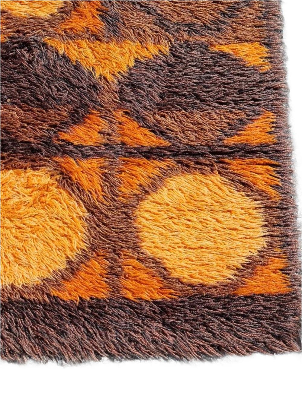 Svedese Tappeto danese Rya Arancione-Mosca-Marrone Anni '70 / Modernista pop art scandinava in vendita
