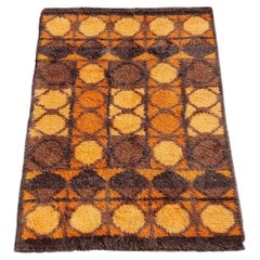 Alfombra danesa Rya Naranja-Mostaza-Marrón Años 70 / Arte pop escandinavo modernista