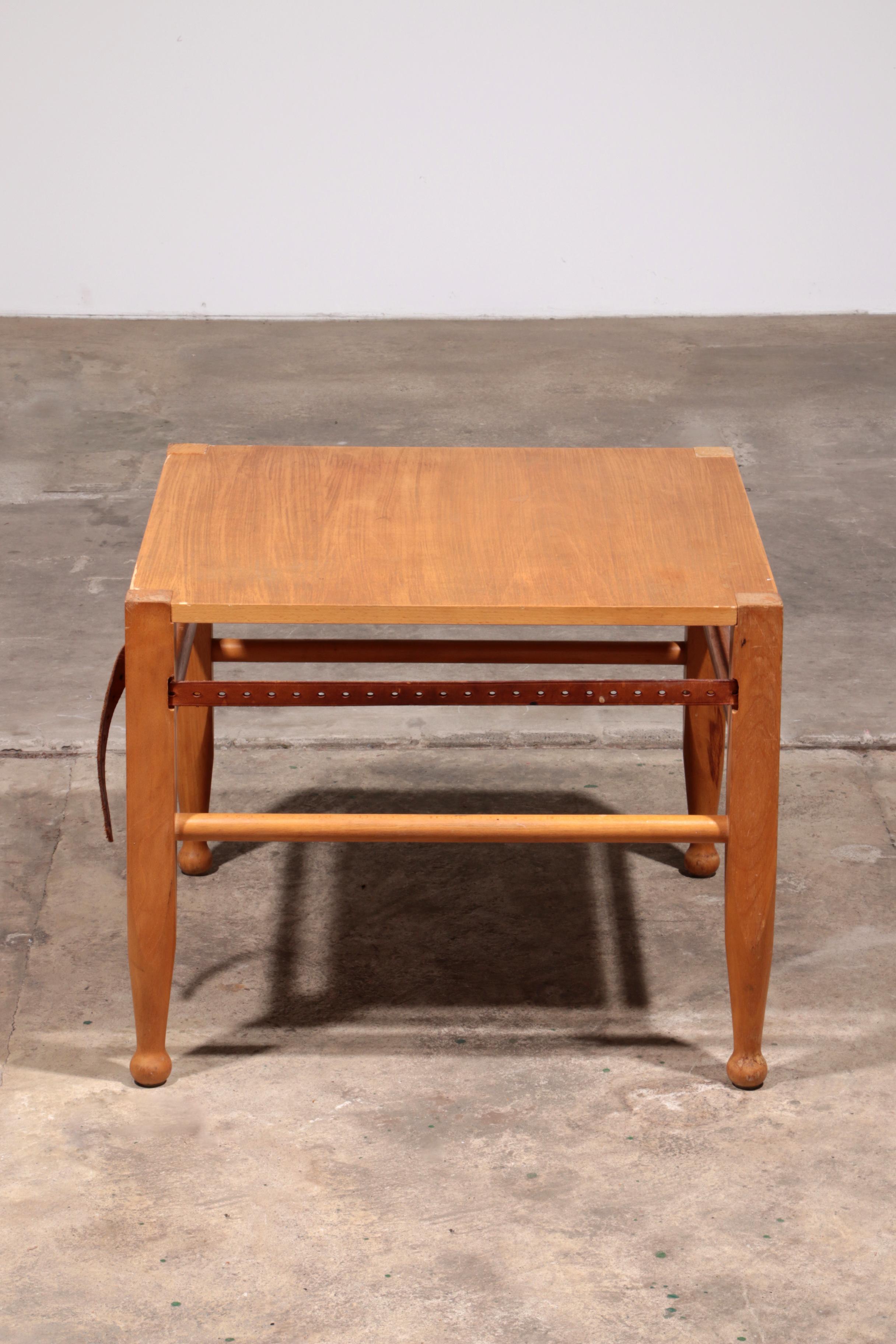 Mid-Century Modern Danish Safari Coffee Table Oak with Leather by Kaare Klint Denmark 1960