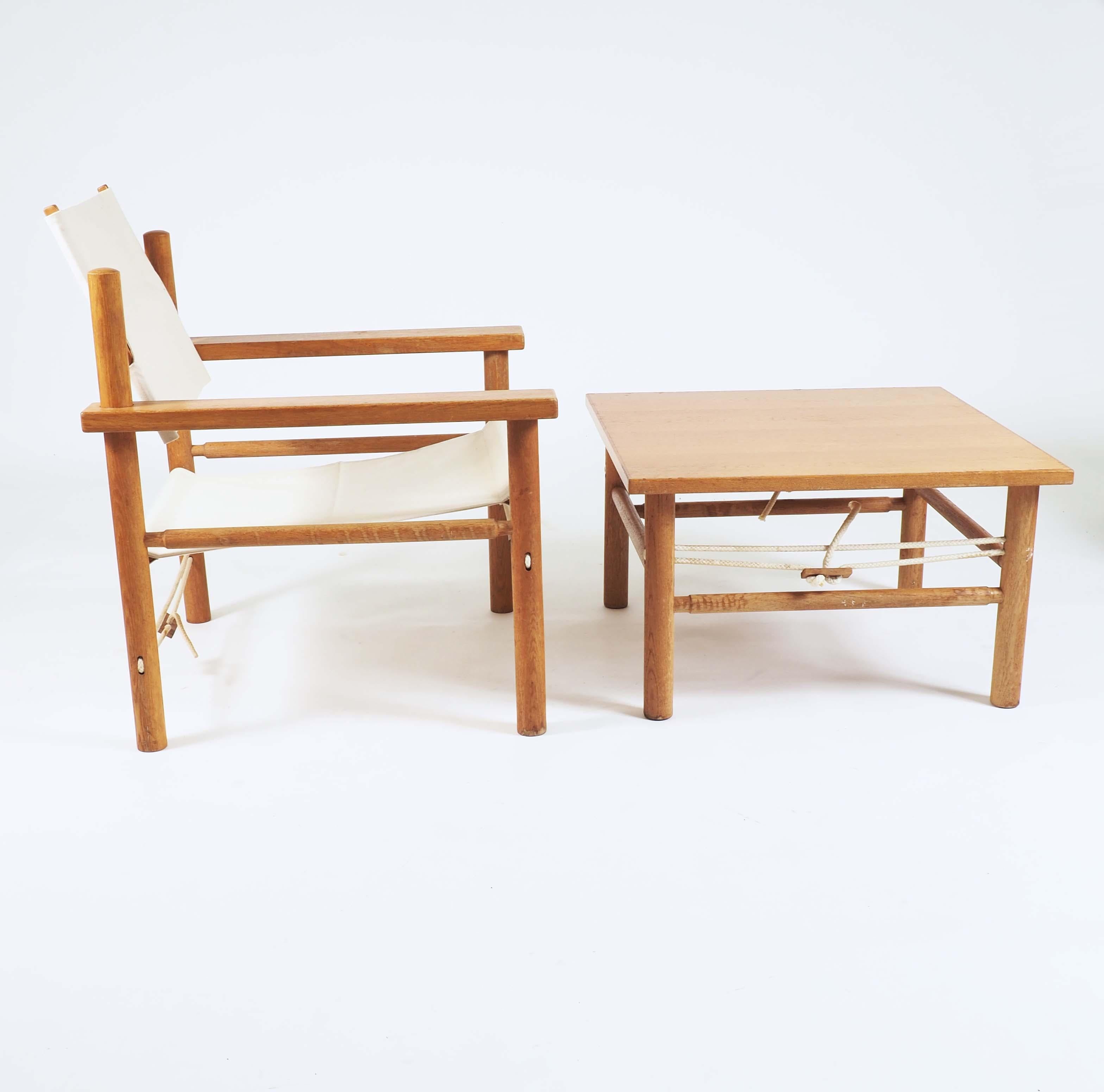 Danish Safari Easy Chair and Table in Oak, Canvas and Rope 3