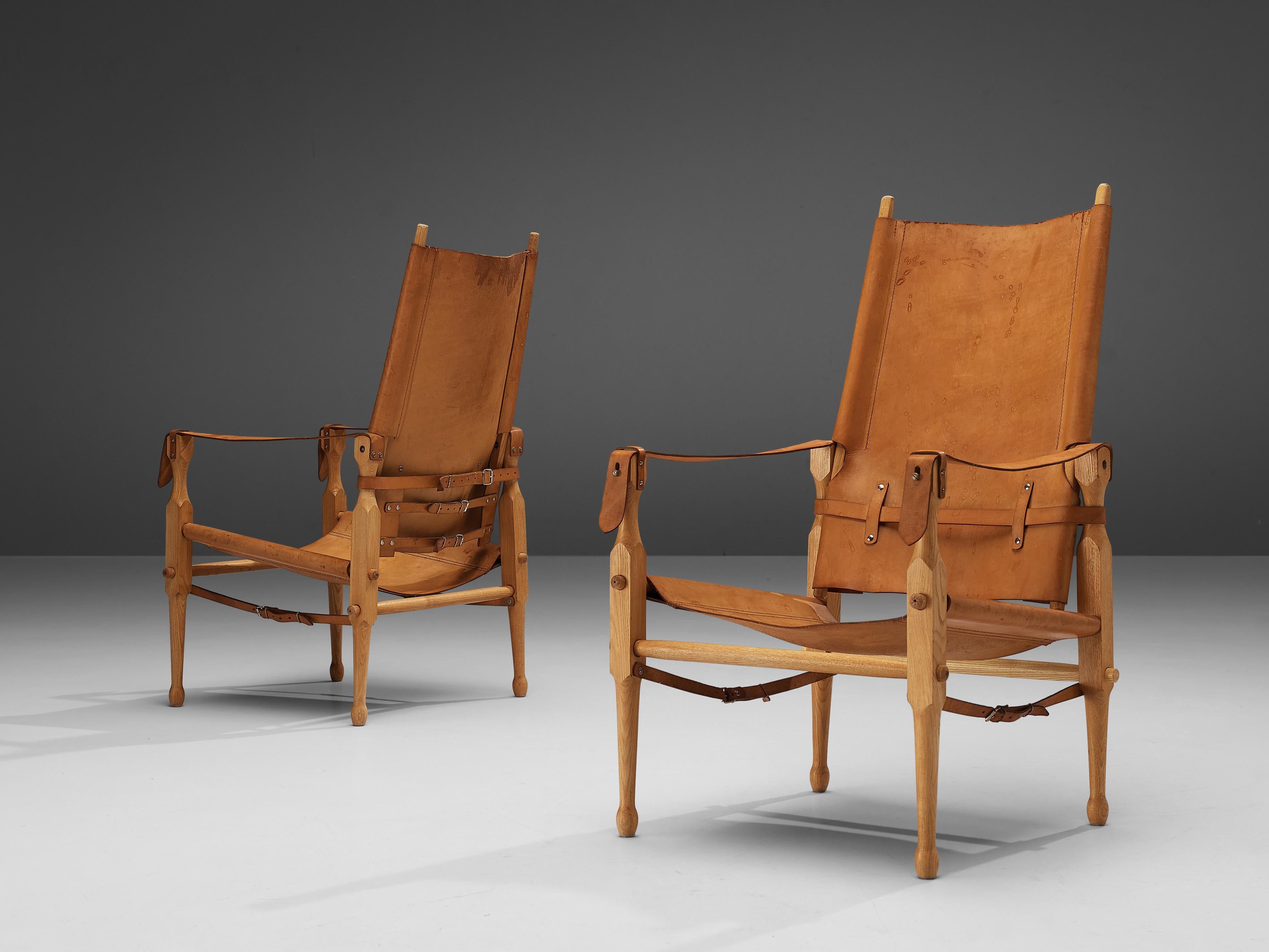 Danish ‘Safari’ Lounge Chairs in Solid Beech and Cognac Leather In Good Condition In Waalwijk, NL