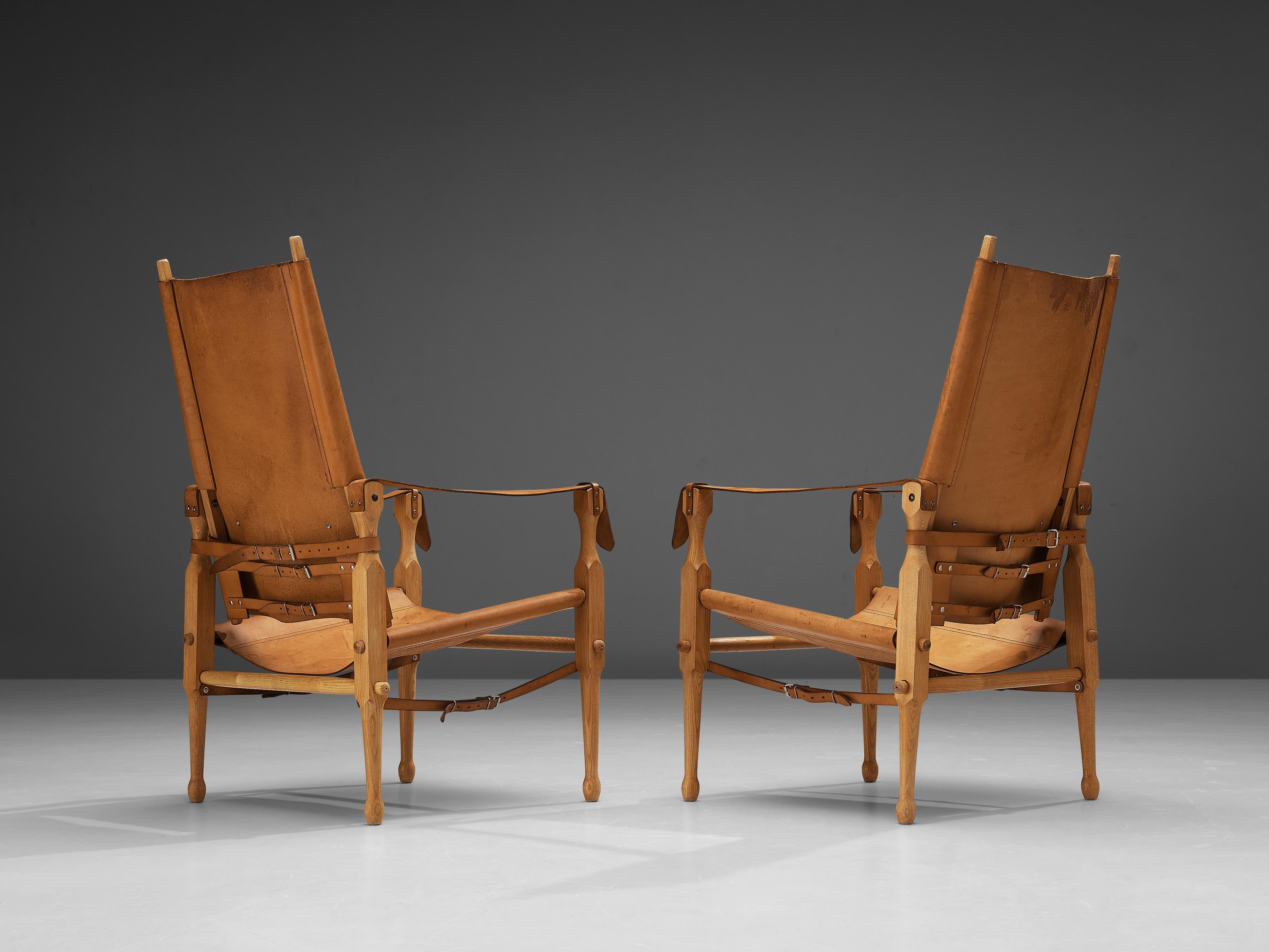 Brass Danish ‘Safari’ Lounge Chairs in Solid Beech and Cognac Leather