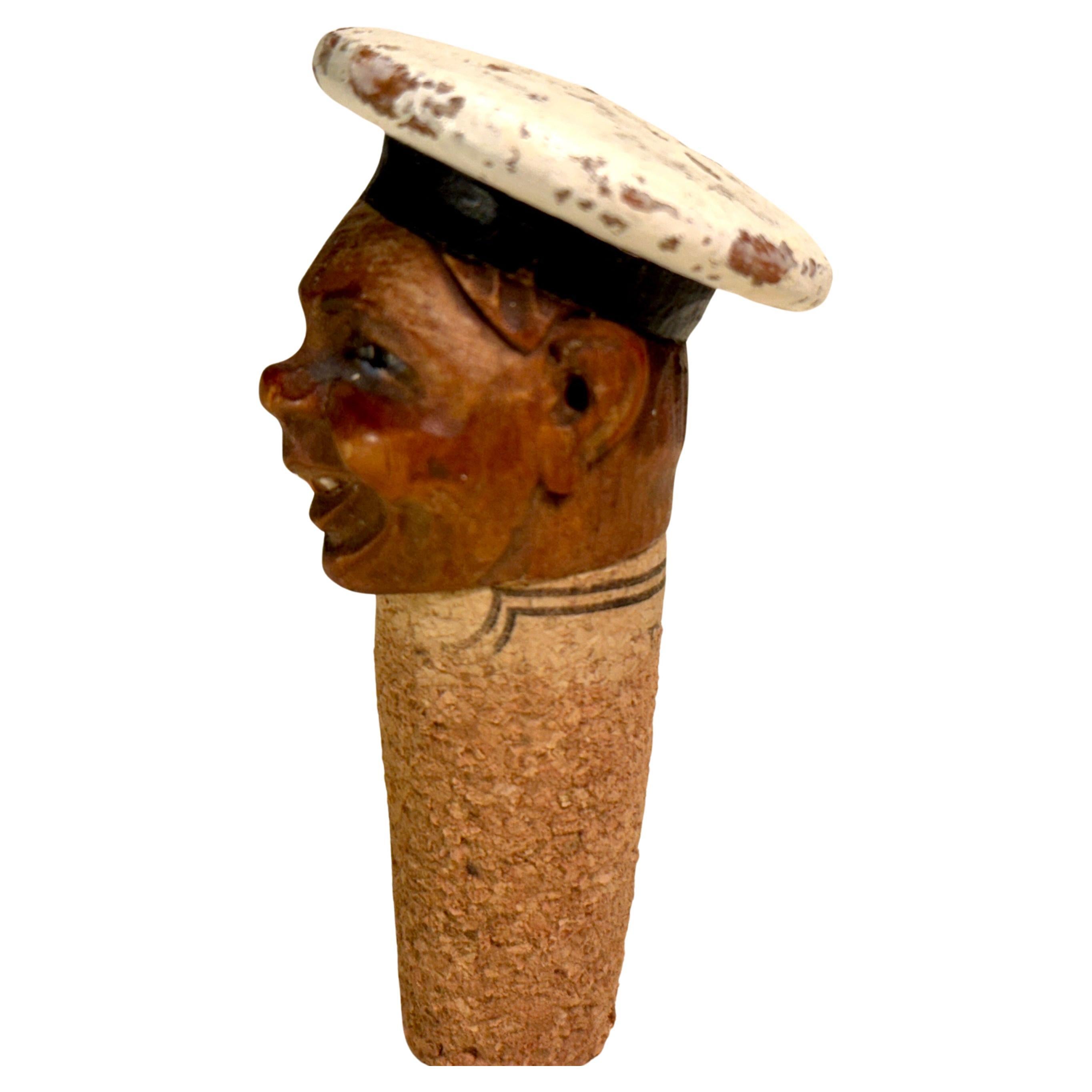 Early 20th Century Danish Sailor Hand Carved Folk Art Wine Stopper For Sale