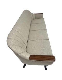 Danish Scalloped Cream Wool and Teak 3 Seater Sofa Midcentury, 1950s