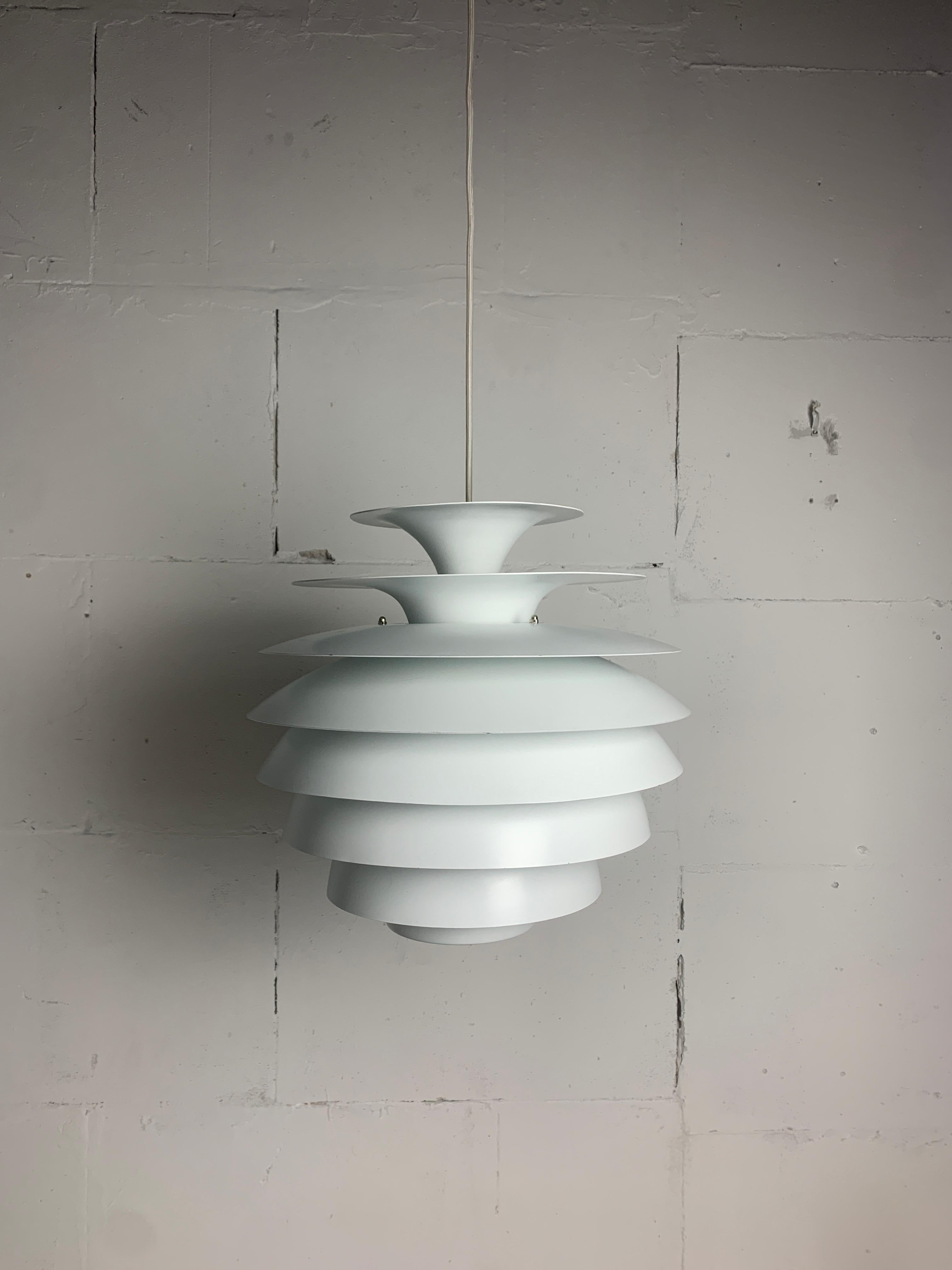 Lovely space age hanging pendant by Bent Karlby, model Barcelona Denmark 1960s. This lamp is in great vintage condition with only minimal wear and no real flaws to mention. The height and diameter is 38 cm. 
