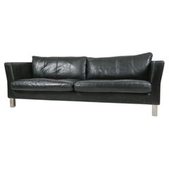 Danish Scandinavian Modern black leather sofa Denmark with Steel legs