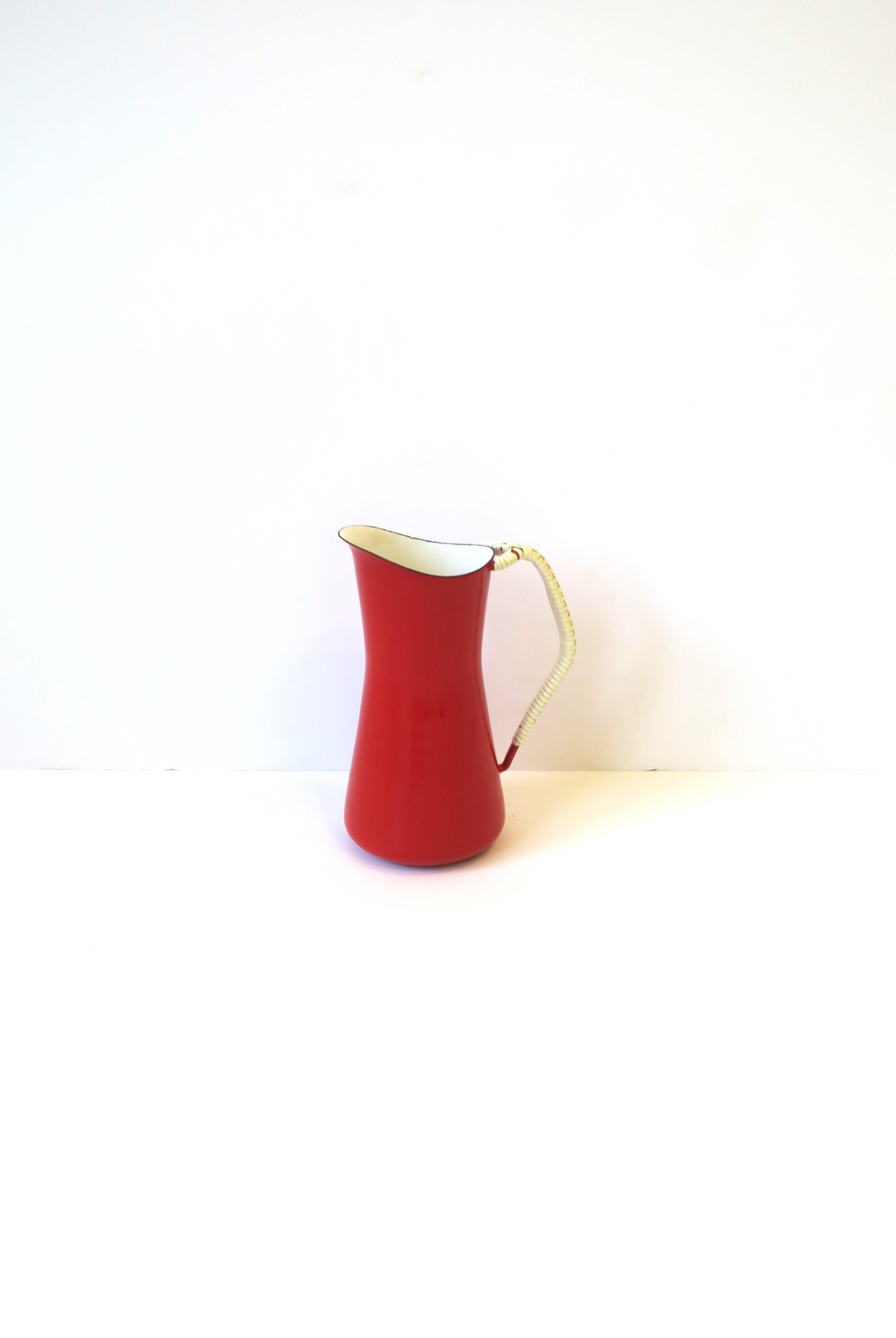 20th Century Dansk Danish Scandinavian Modern Red Enamel and White Wicker Handle Pitcher