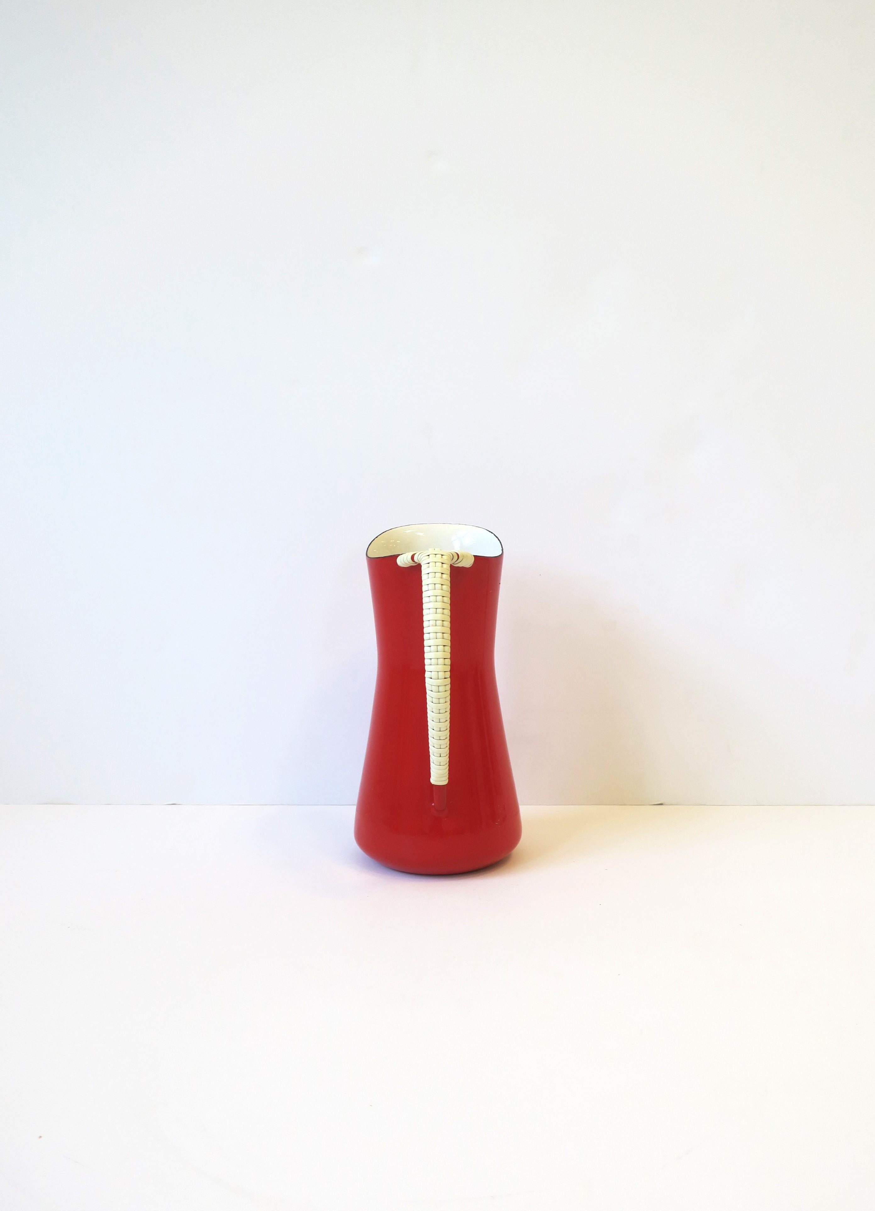 Metal Dansk Danish Scandinavian Modern Red Enamel and White Wicker Handle Pitcher