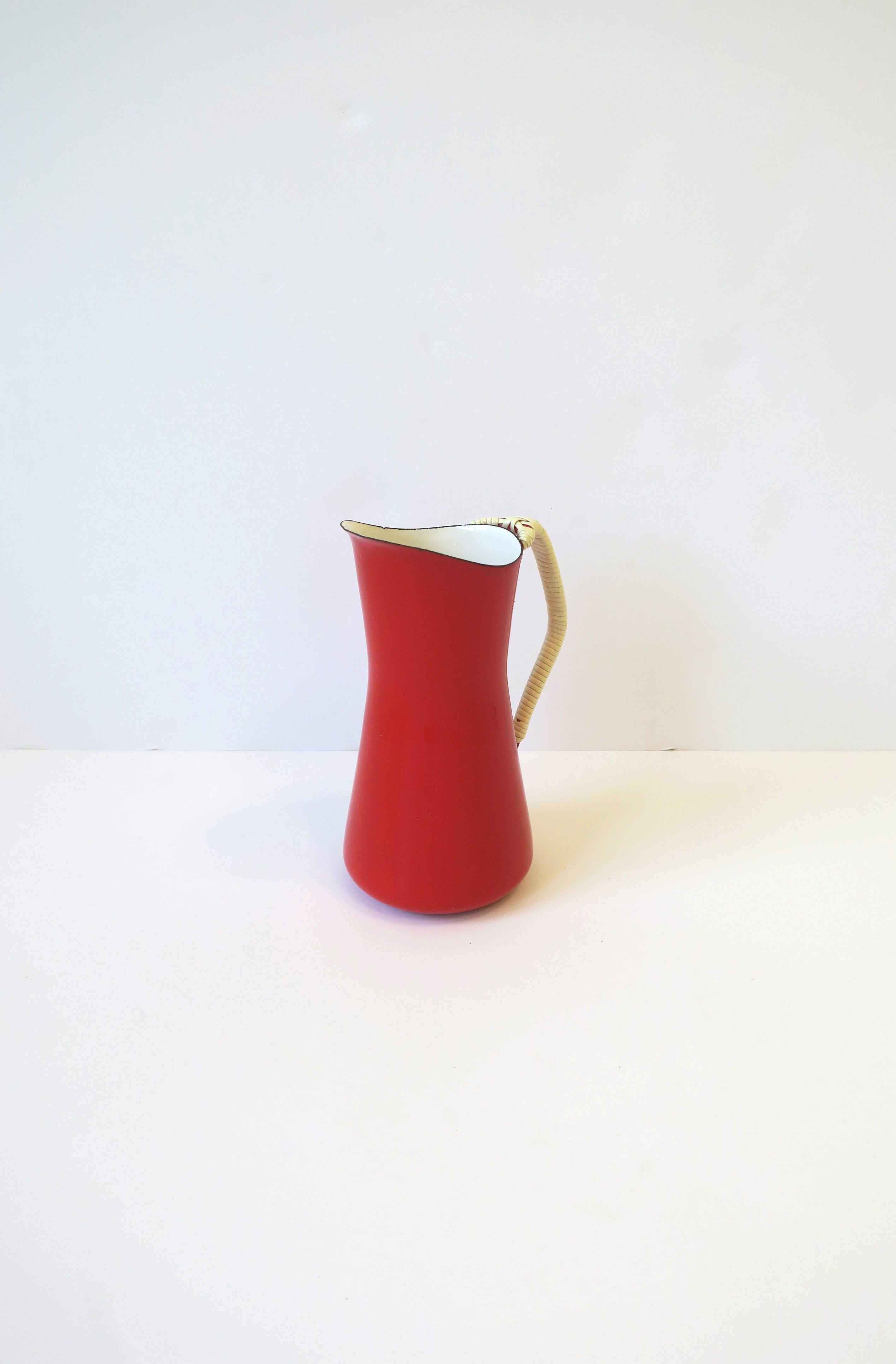 Dansk Danish Scandinavian Modern Red Enamel and White Wicker Handle Pitcher 1