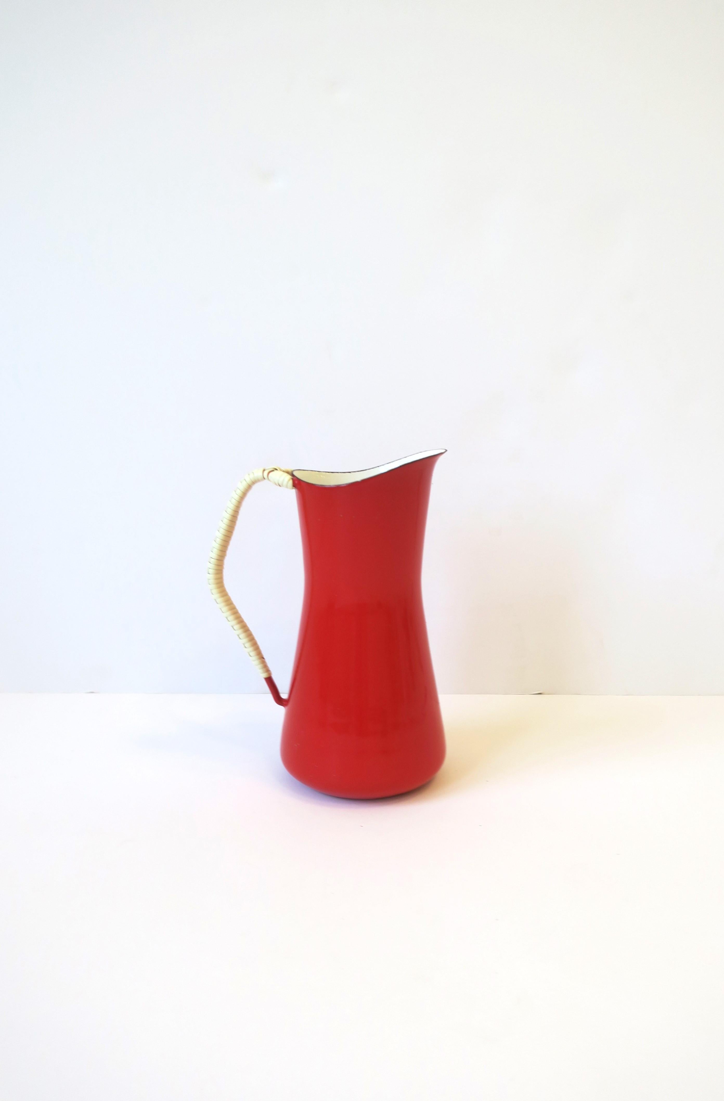 Dansk Danish Scandinavian Modern Red Enamel and White Wicker Handle Pitcher 2