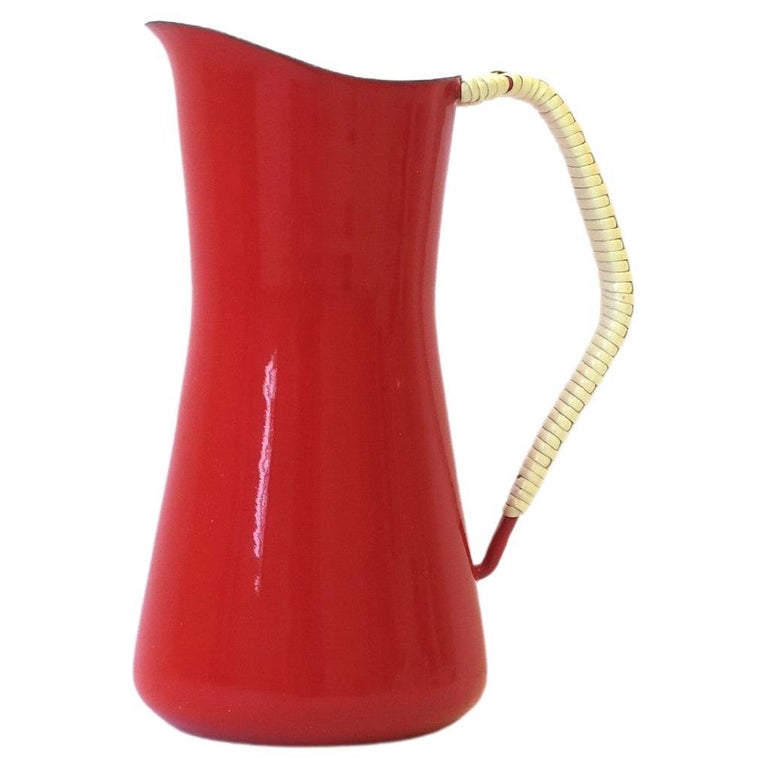 Dansk Købenstyle enamel pitcher with white wicker handle, mid-20th century, offered by ANNE DITTMEIER