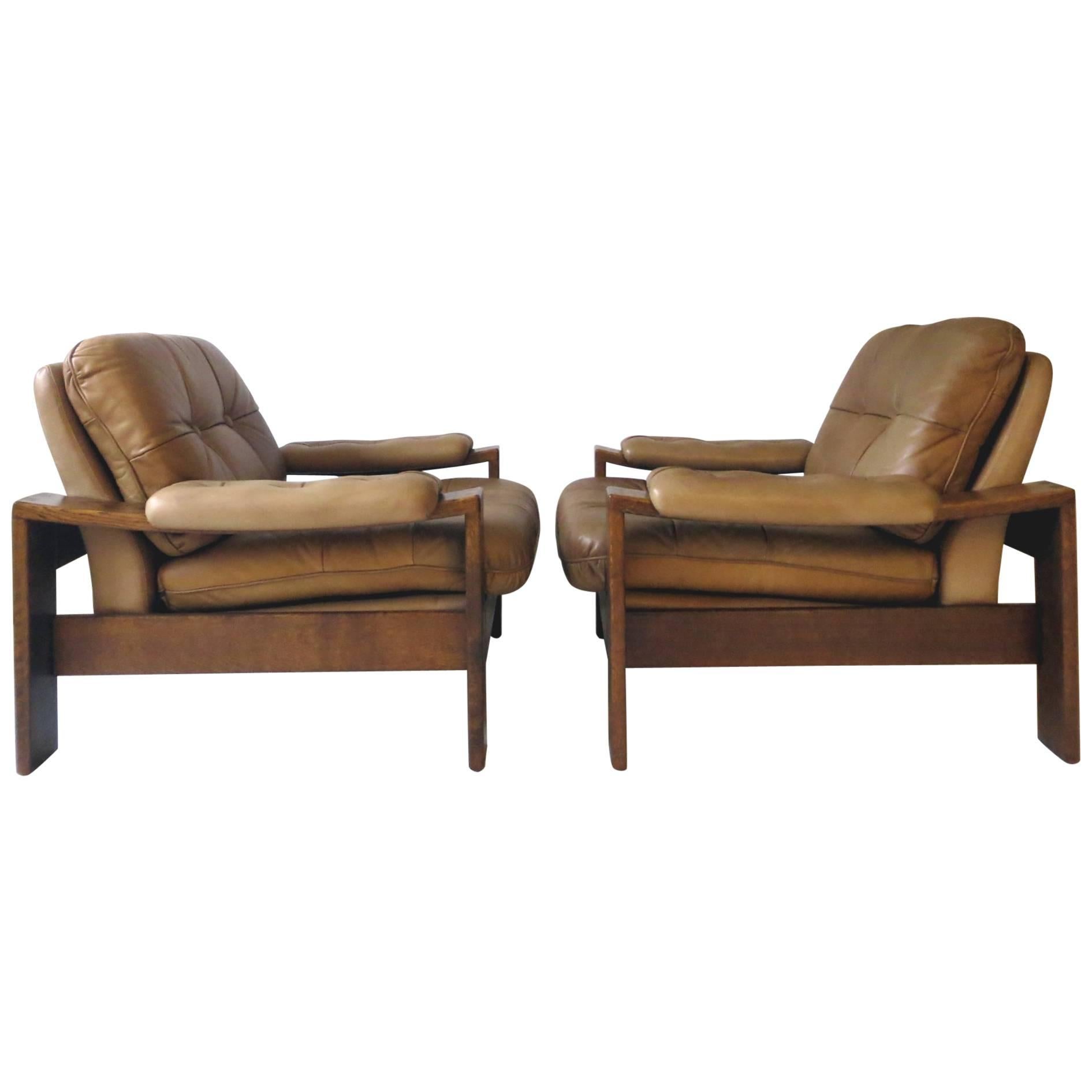 Danish Scandinavian Oak and Leather Cottage Lodge Easy Chairs, Set of Two, 1960s