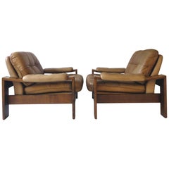 Vintage Danish Scandinavian Oak and Leather Cottage Lodge Easy Chairs, Set of Two, 1960s