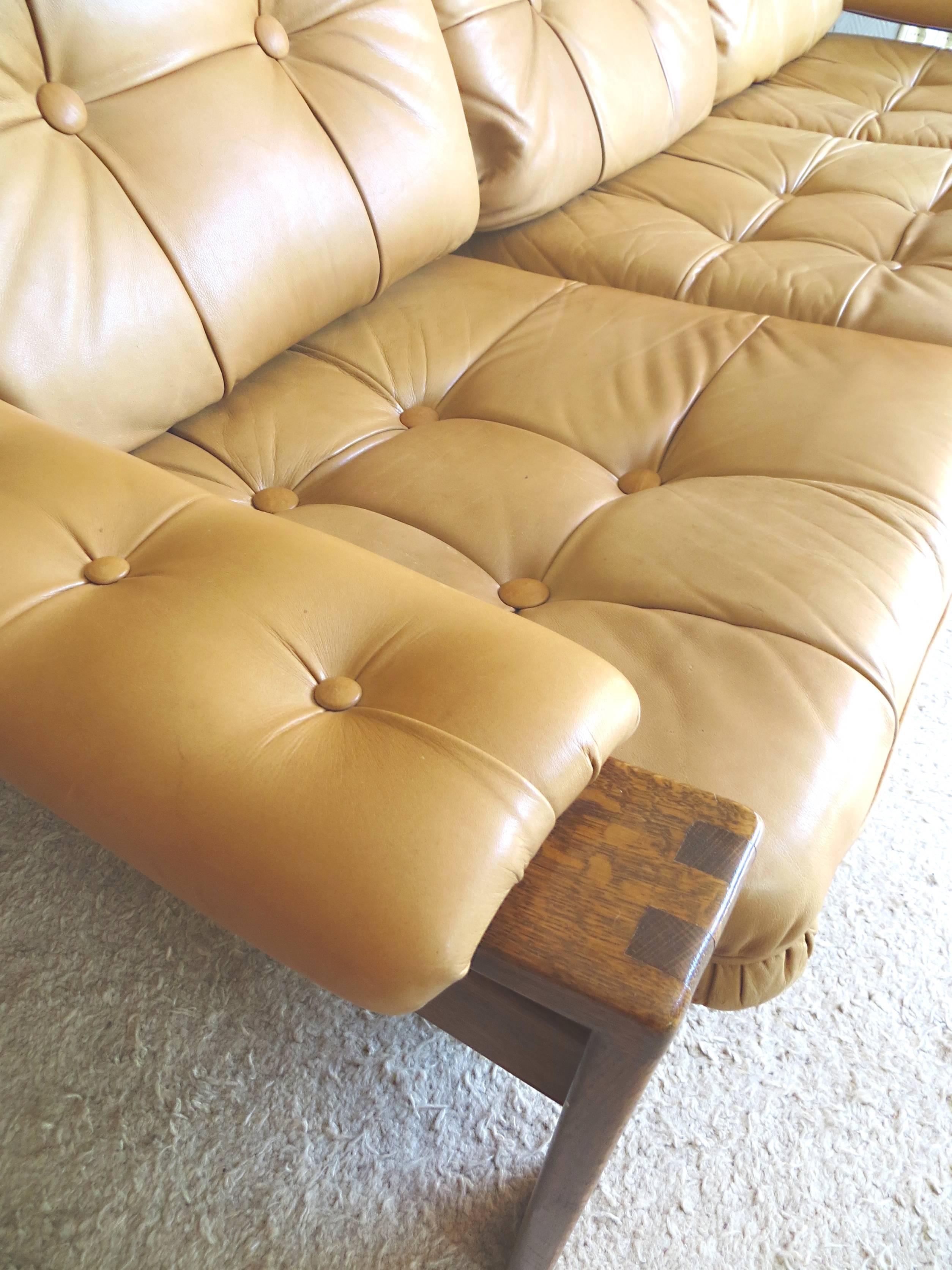 20th Century Danish Scandinavian Oak and Leather Cottage Lodge Three-Seat Sofa, 1960s