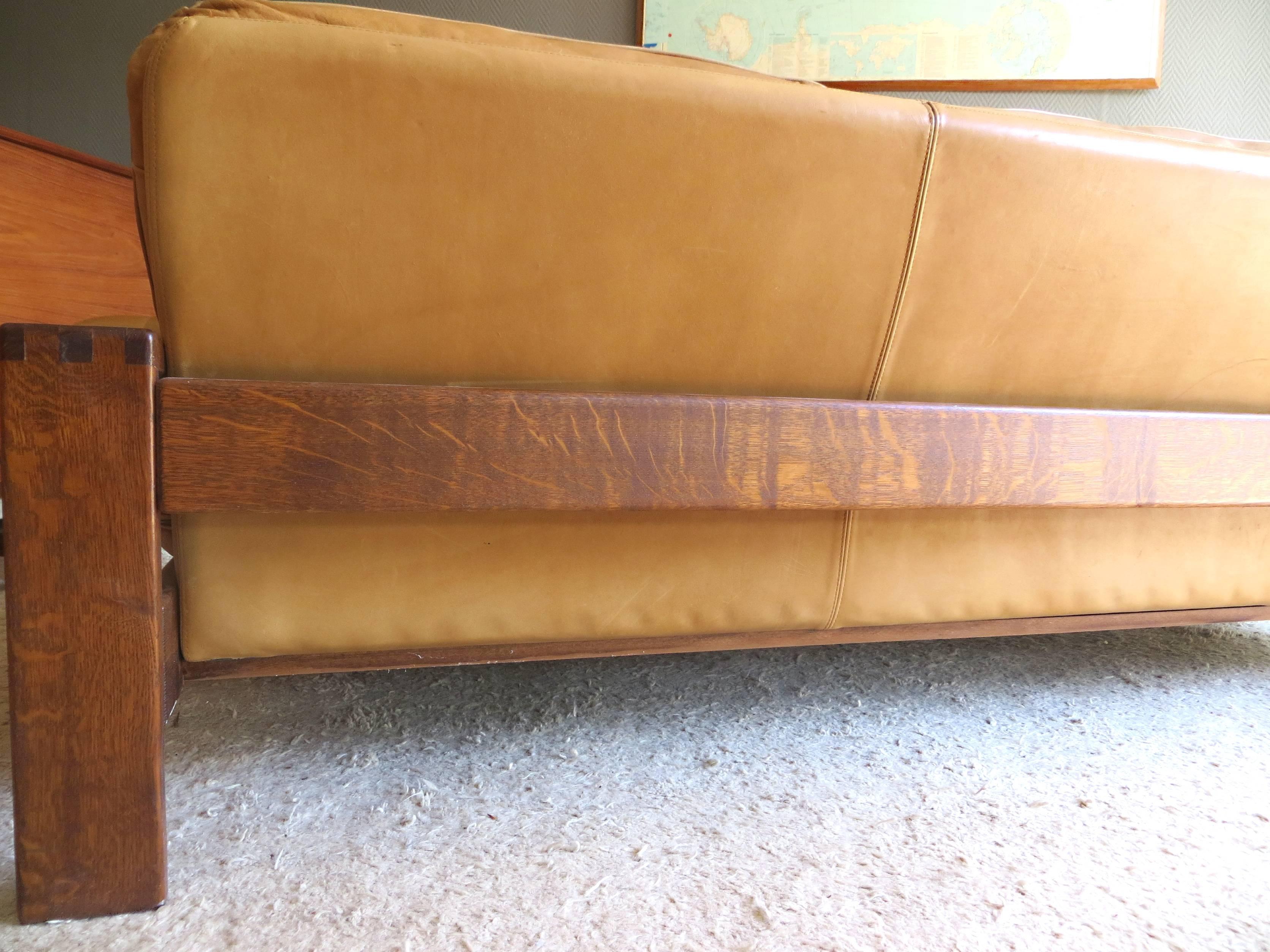 Danish Scandinavian Oak and Leather Cottage Lodge Three-Seat Sofa, 1960s 1