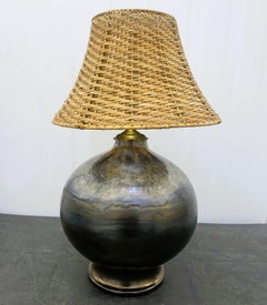 Danish Unique Handcrafted Glazed Ceramic Table Lamp Wicker Shade, Denmark, 1960s