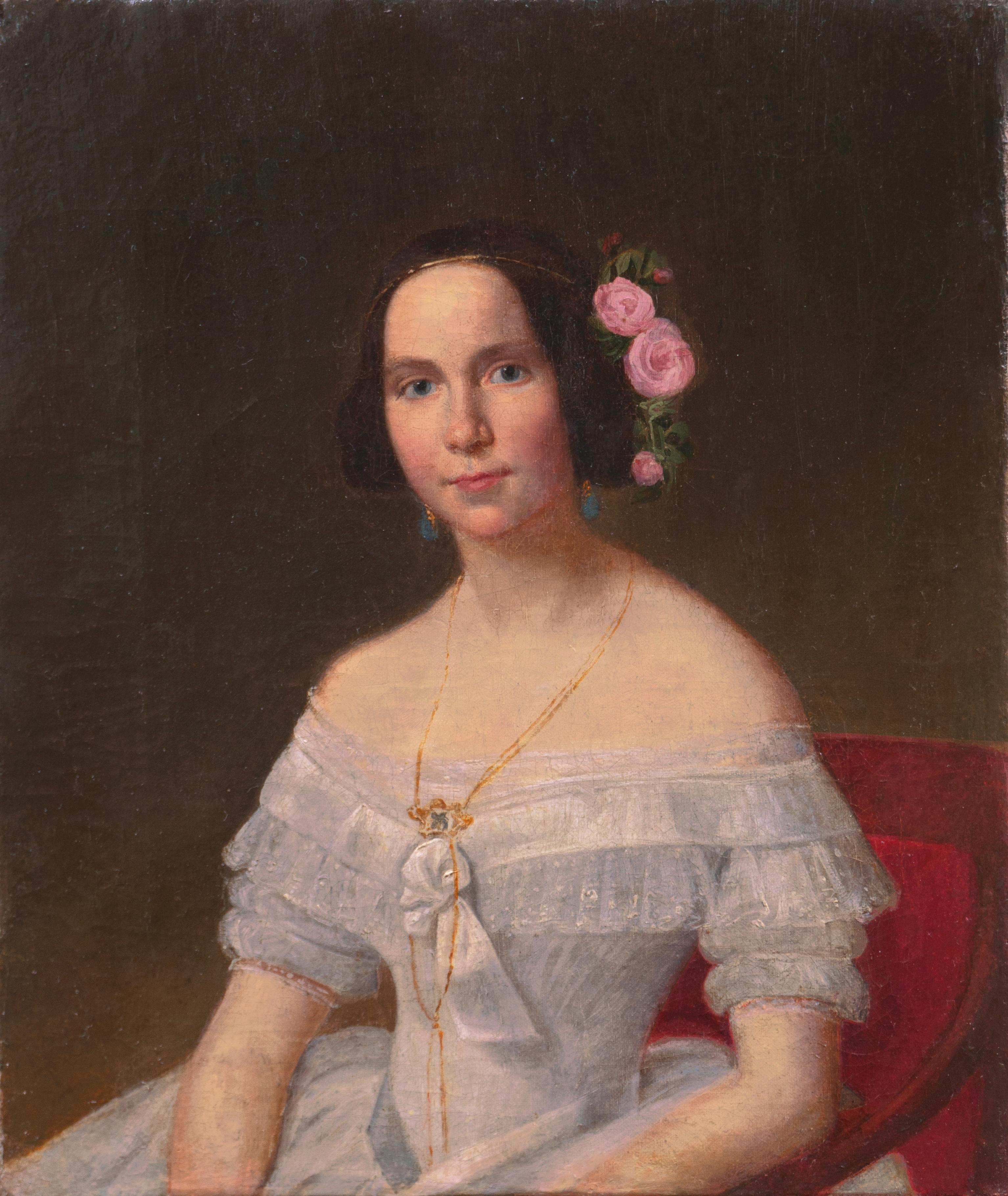 'A Fashionable Young Woman in a Chiffon Ball-Gown', Scandinavian Oil Portrait - Painting by Danish School, 19th Century