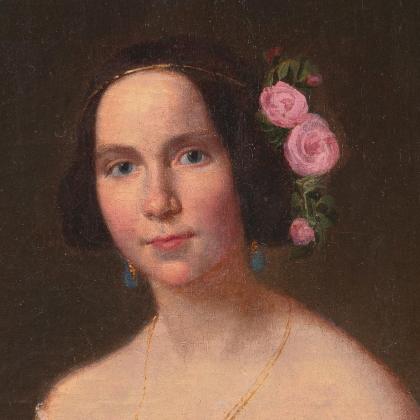'A Fashionable Young Woman in a Chiffon Ball-Gown', Scandinavian Oil Portrait - Black Portrait Painting by Danish School, 19th Century