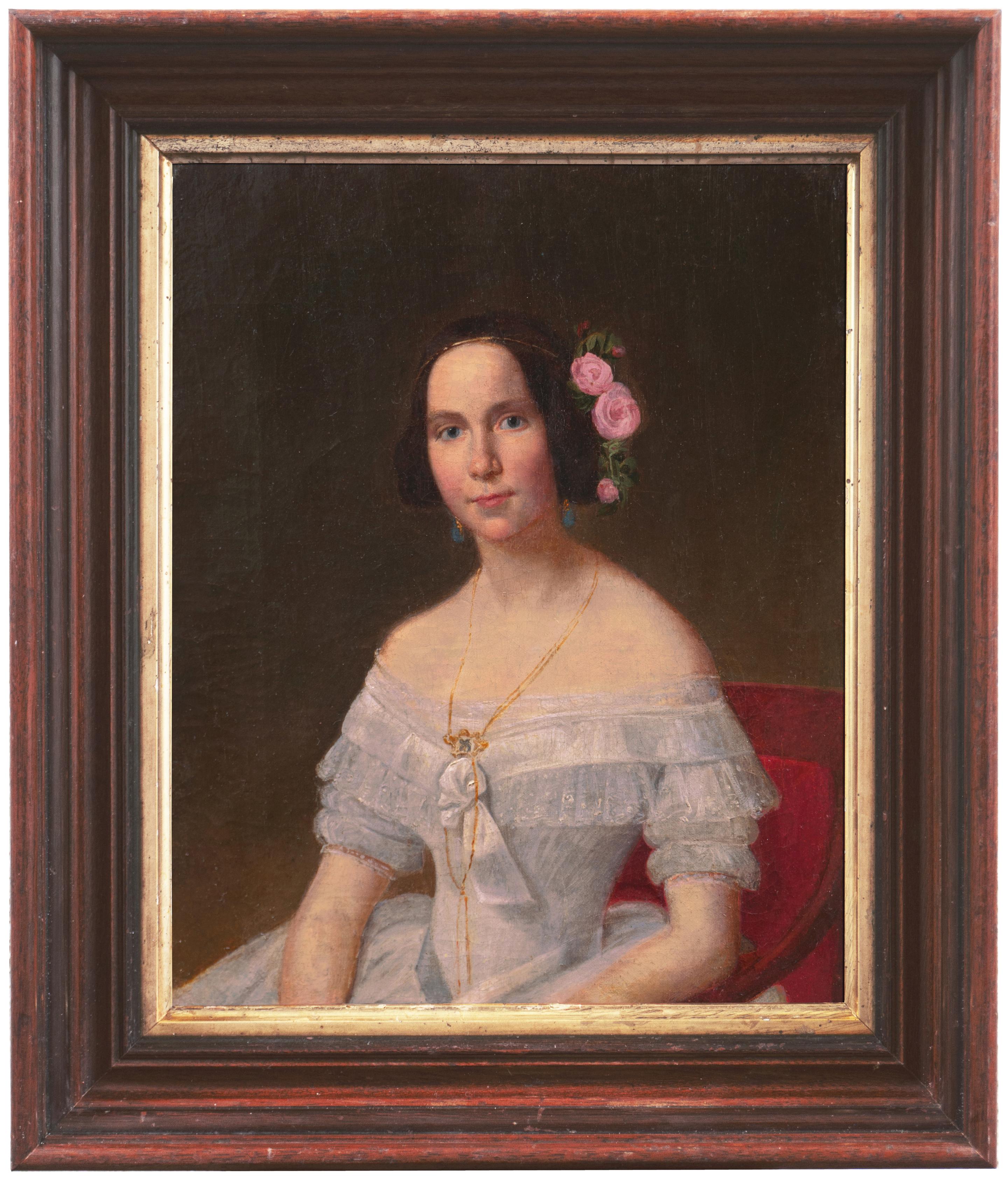 Danish School, 19th Century Portrait Painting - 'A Fashionable Young Woman in a Chiffon Ball-Gown', Scandinavian Oil Portrait