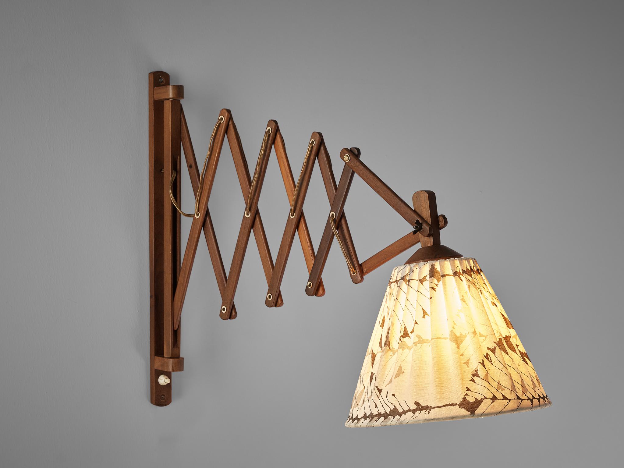 Scandinavian Modern Danish ‘Scissor’ Extendable Wall Lamp in Teak and Fabric