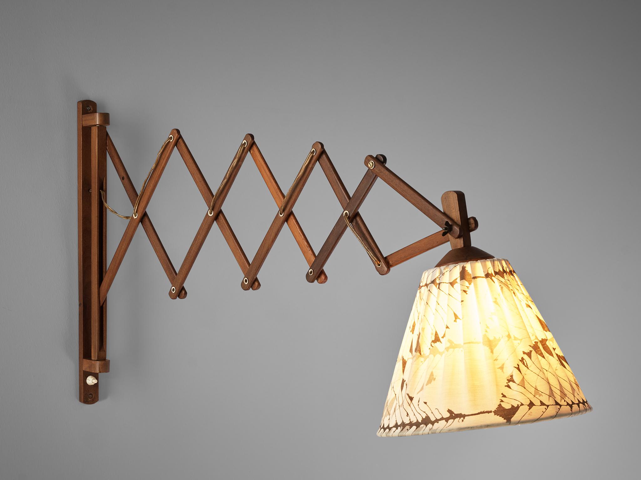 Mid-20th Century Danish ‘Scissor’ Extendable Wall Lamp in Teak and Fabric