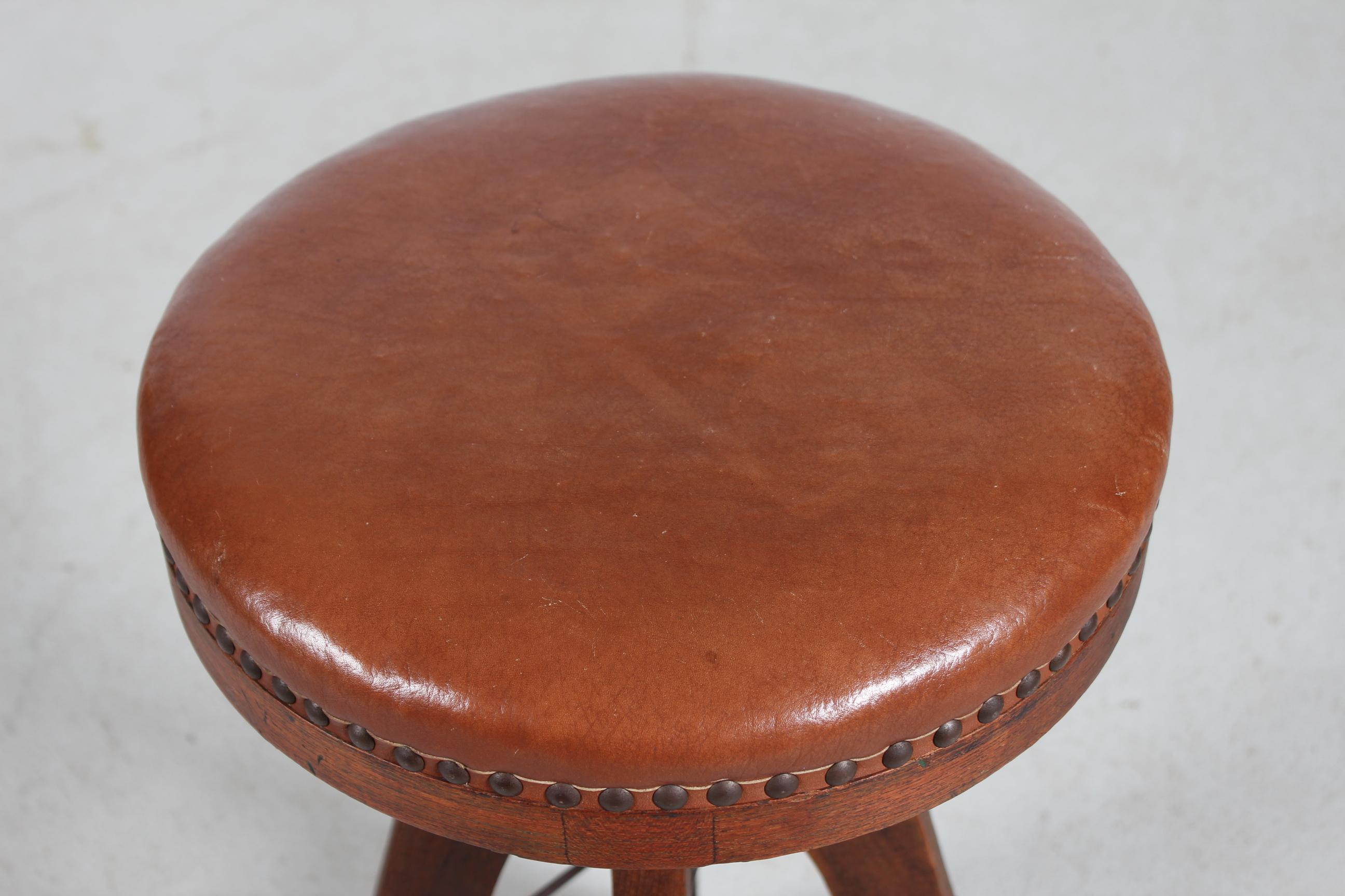 Arts and Crafts Danish Sculptural 3-Legged Wood Bar/Desk Swivel Stool with Leather Seat 1920s For Sale