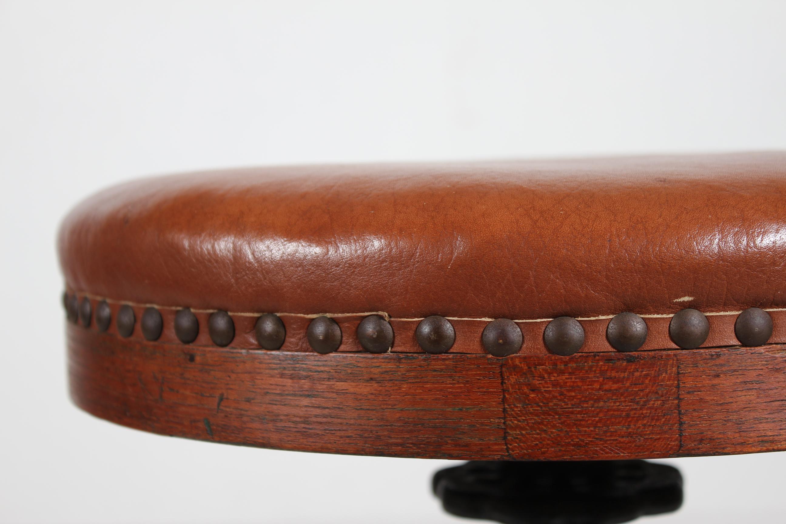 Carved Danish Sculptural 3-Legged Wood Bar/Desk Swivel Stool with Leather Seat 1920s For Sale