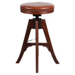 Antique Danish Sculptural 3-Legged Wood Bar/Desk Swivel Stool with Leather Seat 1920s