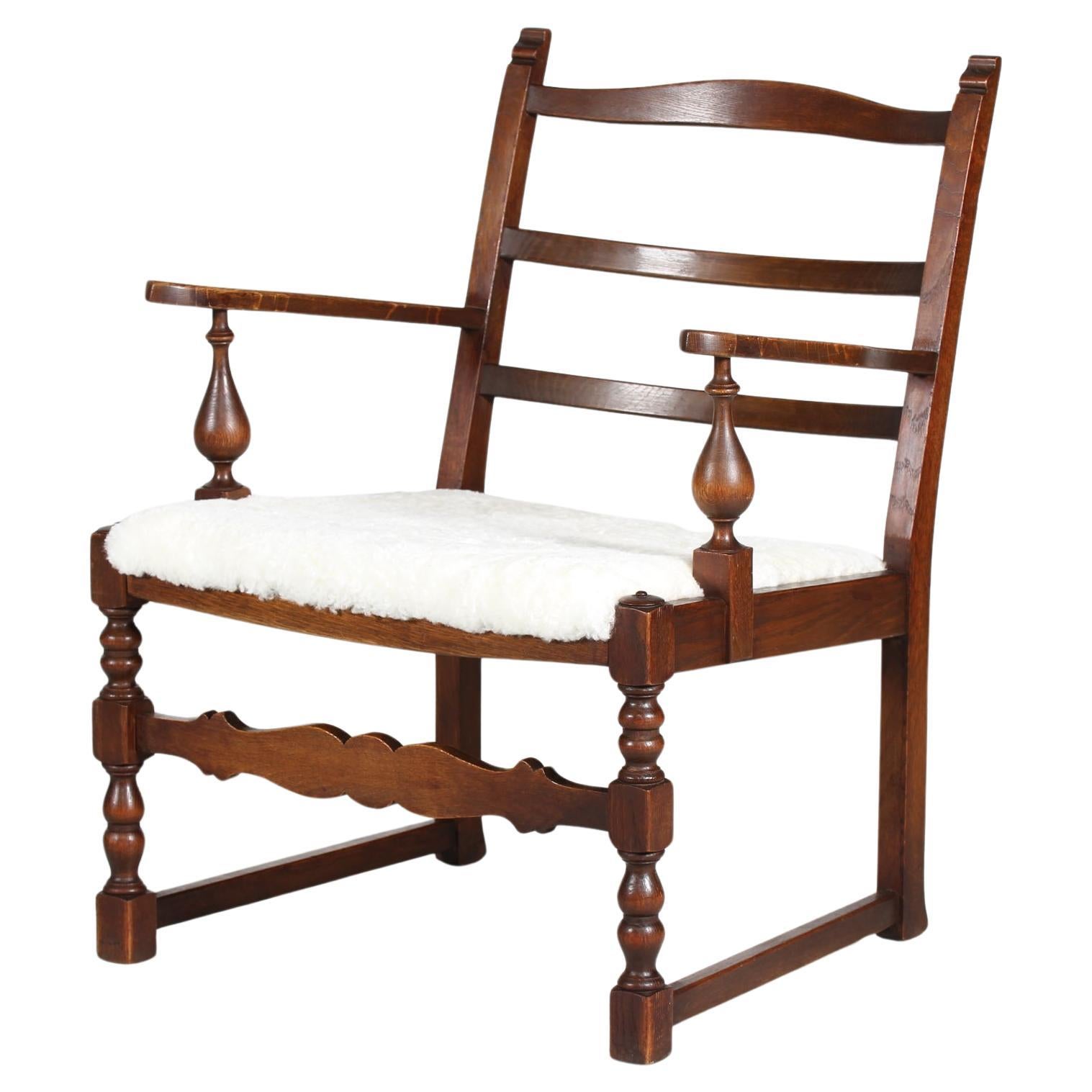 Danish Sculptural Handcrafted Armchair of Solid Oak with New Sheepskin 1940s