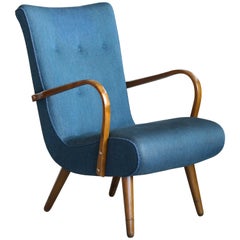 Danish Sculptural Lounge Chair with Curved Wooden Armrests, 1950s