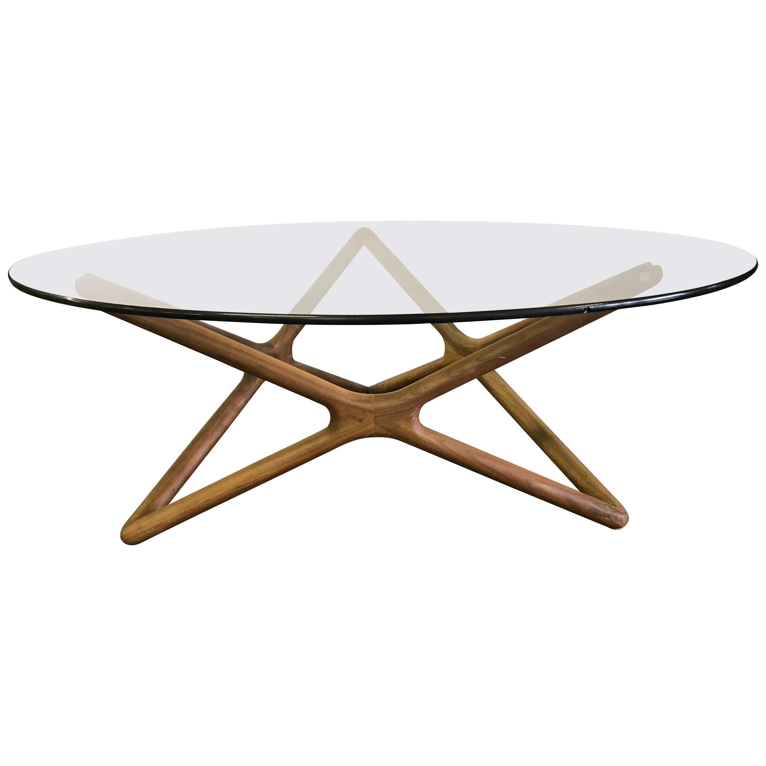 Danish Sculptural Teak and Round Glass Coffee Cocktail Table